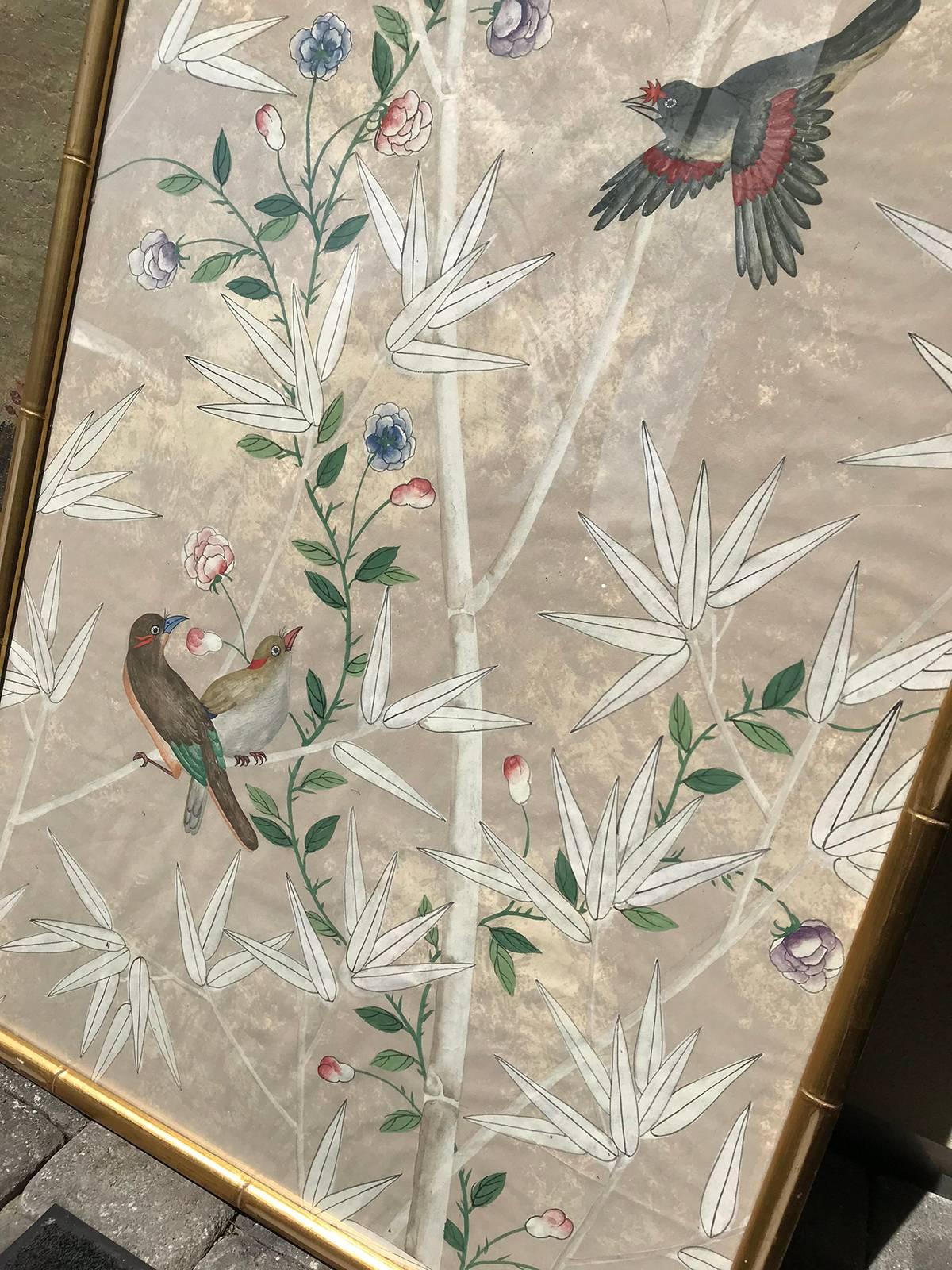 20th Century Oriental Watercolor Panel with Gilt Faux Bamboo Frame 2