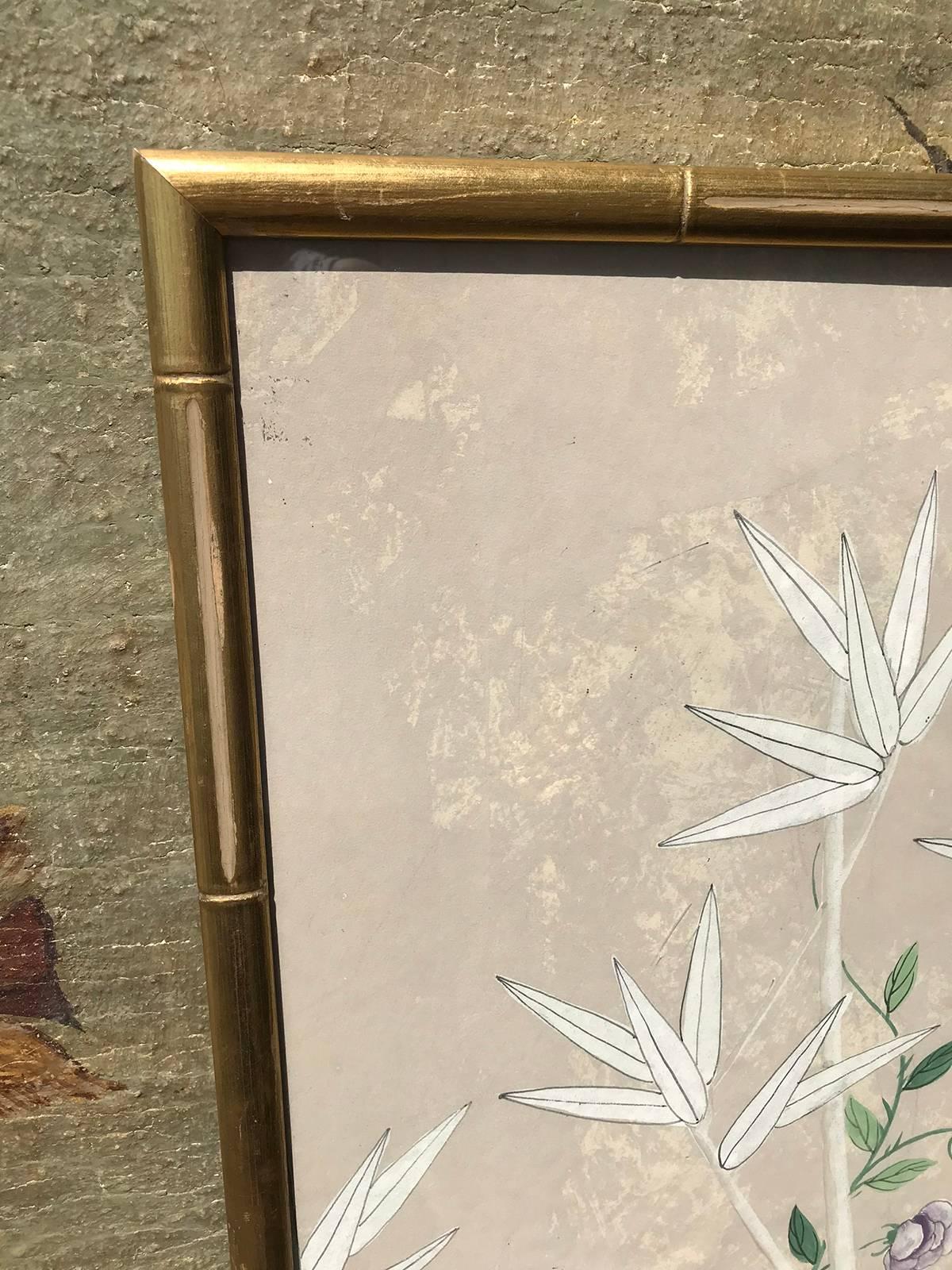20th Century Oriental Watercolor Panel with Gilt Faux Bamboo Frame 3