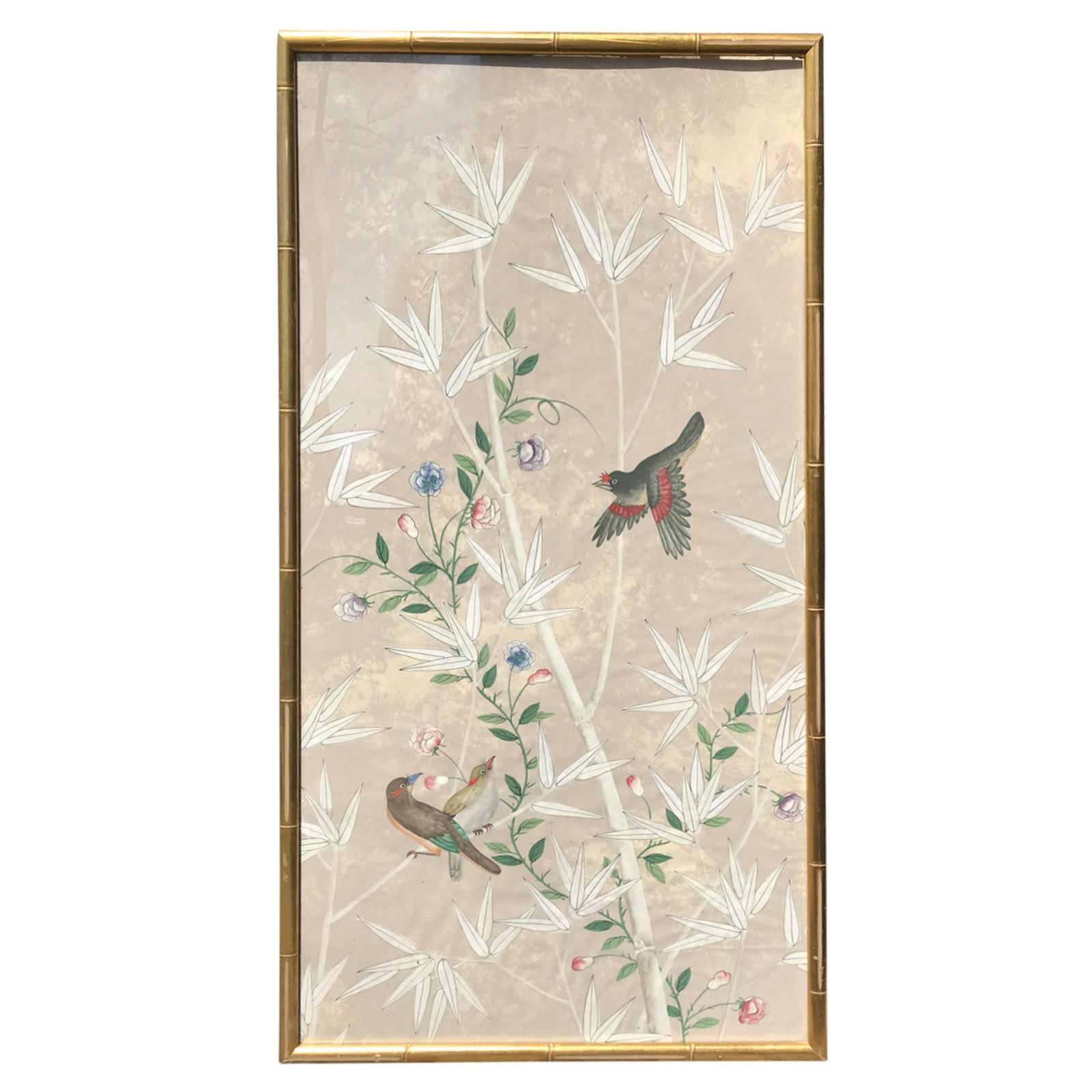 20th Century Oriental Watercolor Panel with Gilt Faux Bamboo Frame