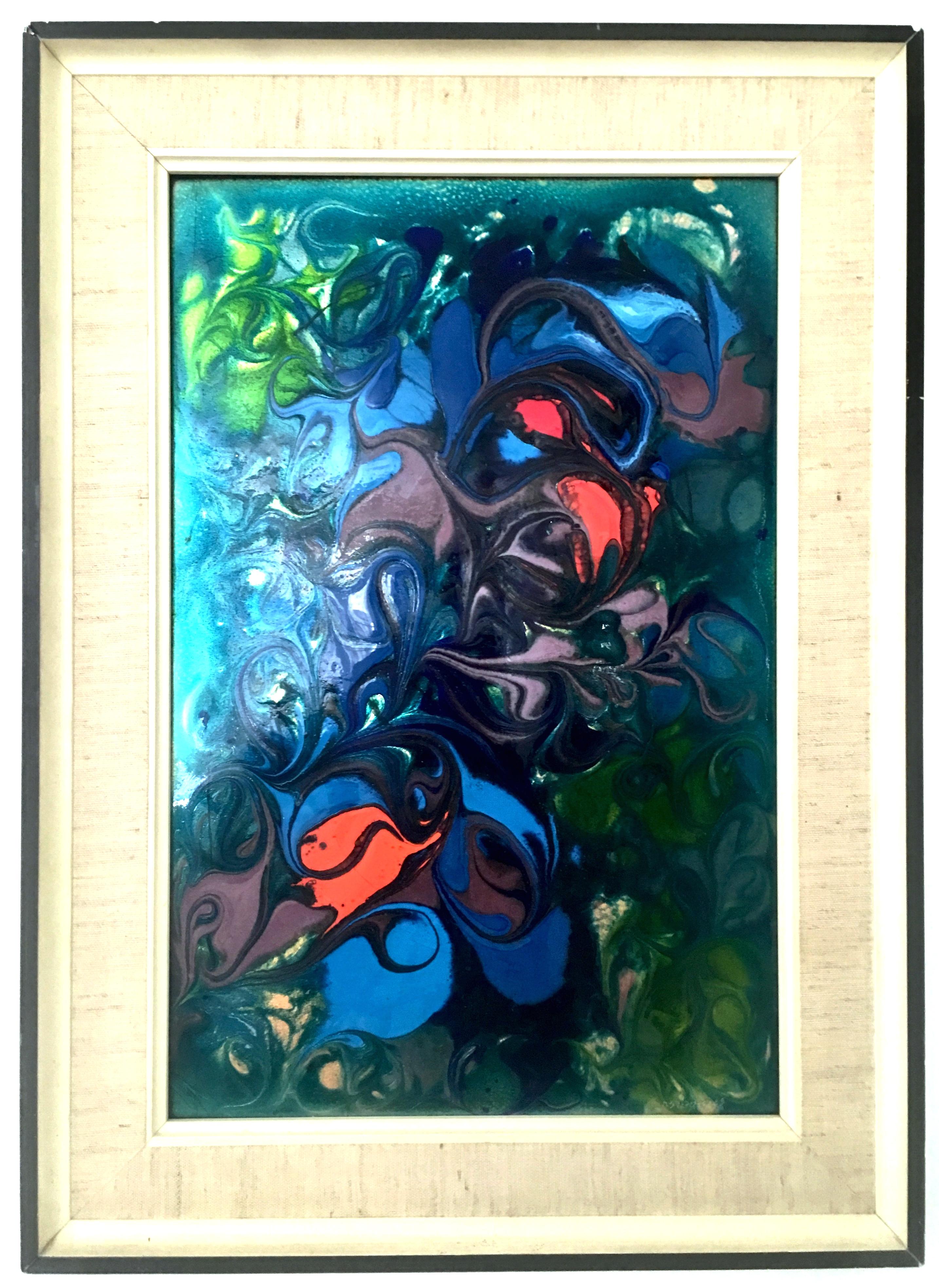 20th century European original enamel on copper modern abstract painting, signed- numbered by artist, lower right, 034.20.8238. This one of a kind abstract painting features, vibrant and both muted, neon and metallic color effects in greens, blues,