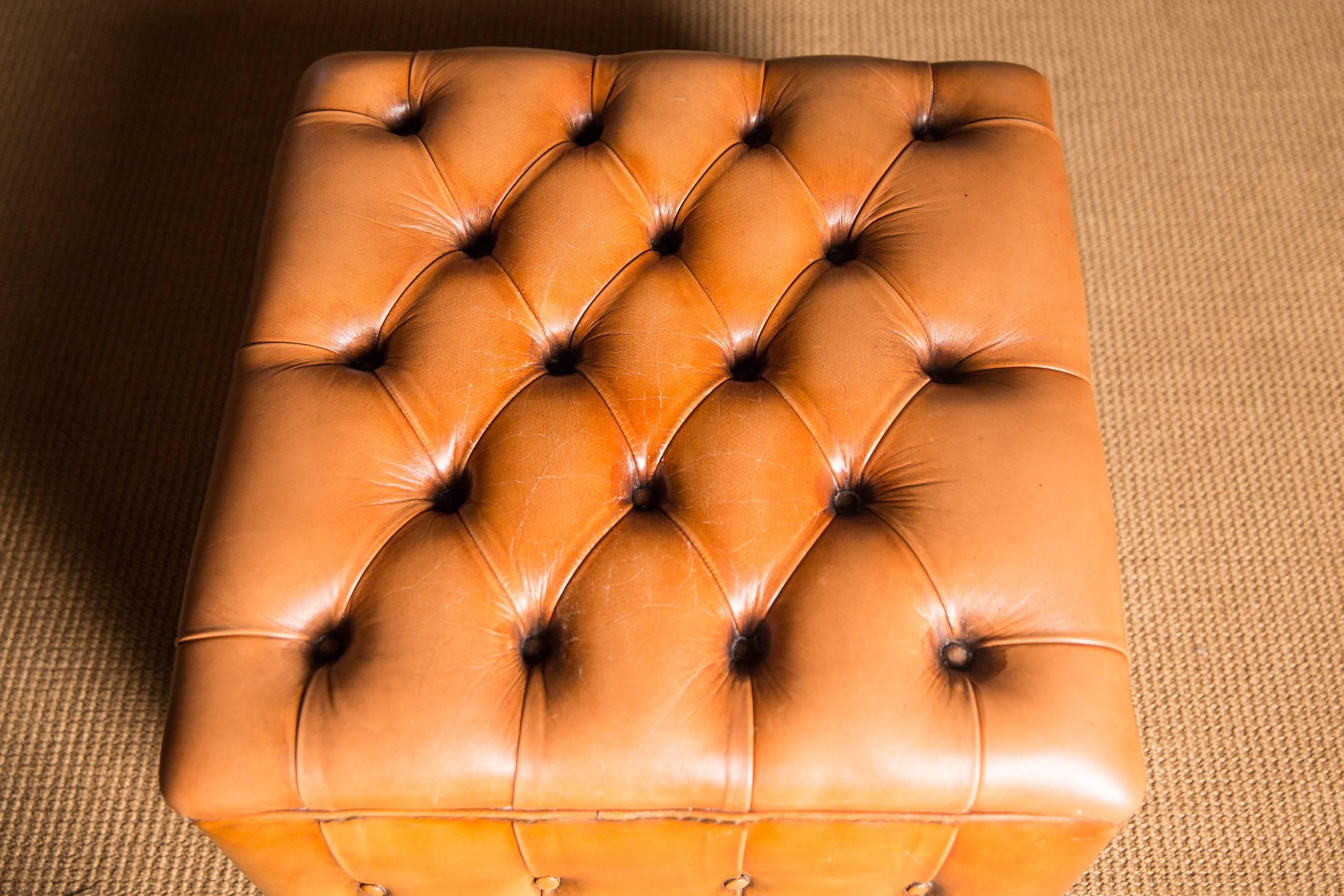 20th Century Original English Chesterfield Leather Stool 1