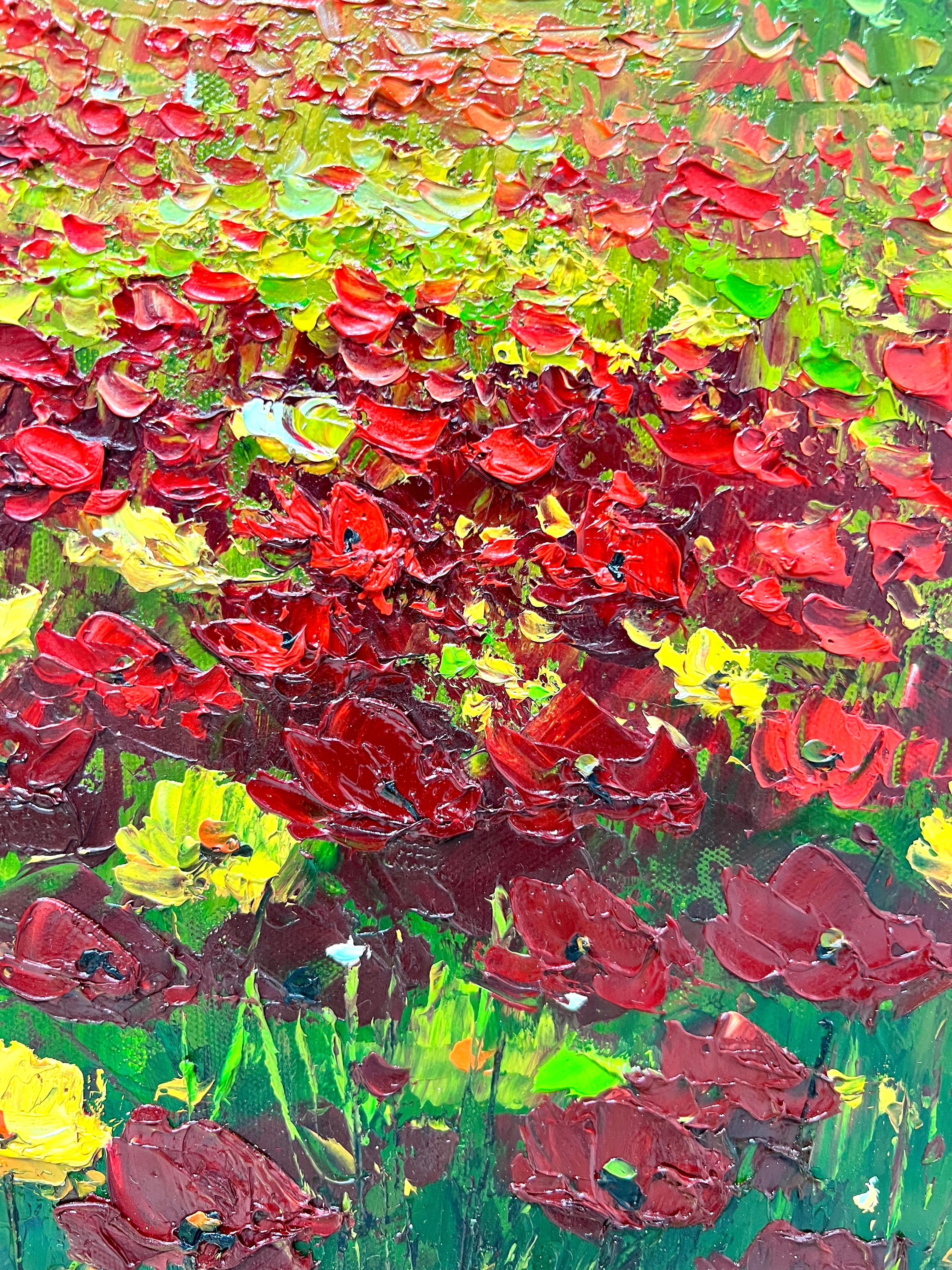 20th Century Original Oil Impasto on Canvas Painting - Poppies & Countryside In Good Condition For Sale In Charlotte, NC