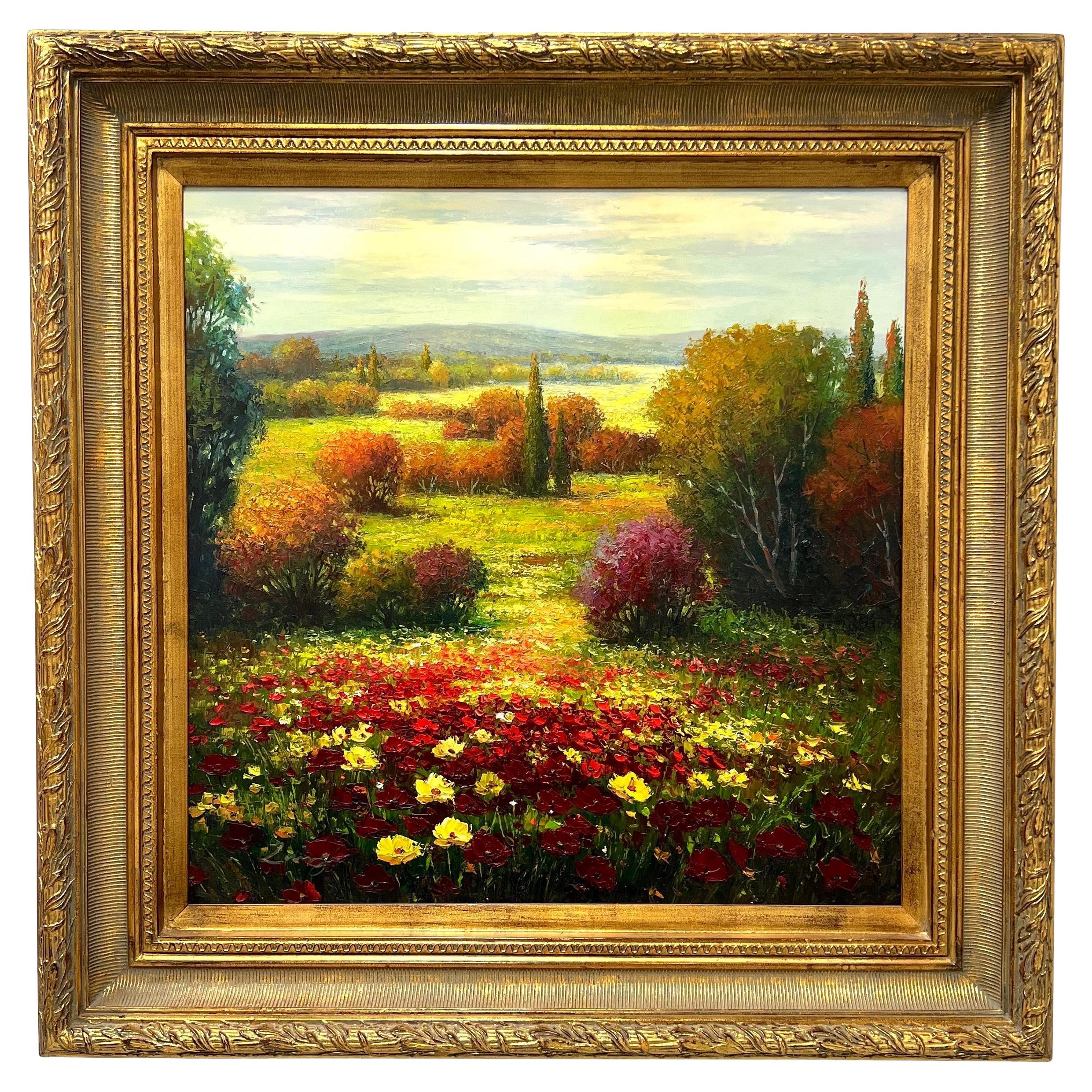 20th Century Original Oil Impasto on Canvas Painting - Poppies & Countryside