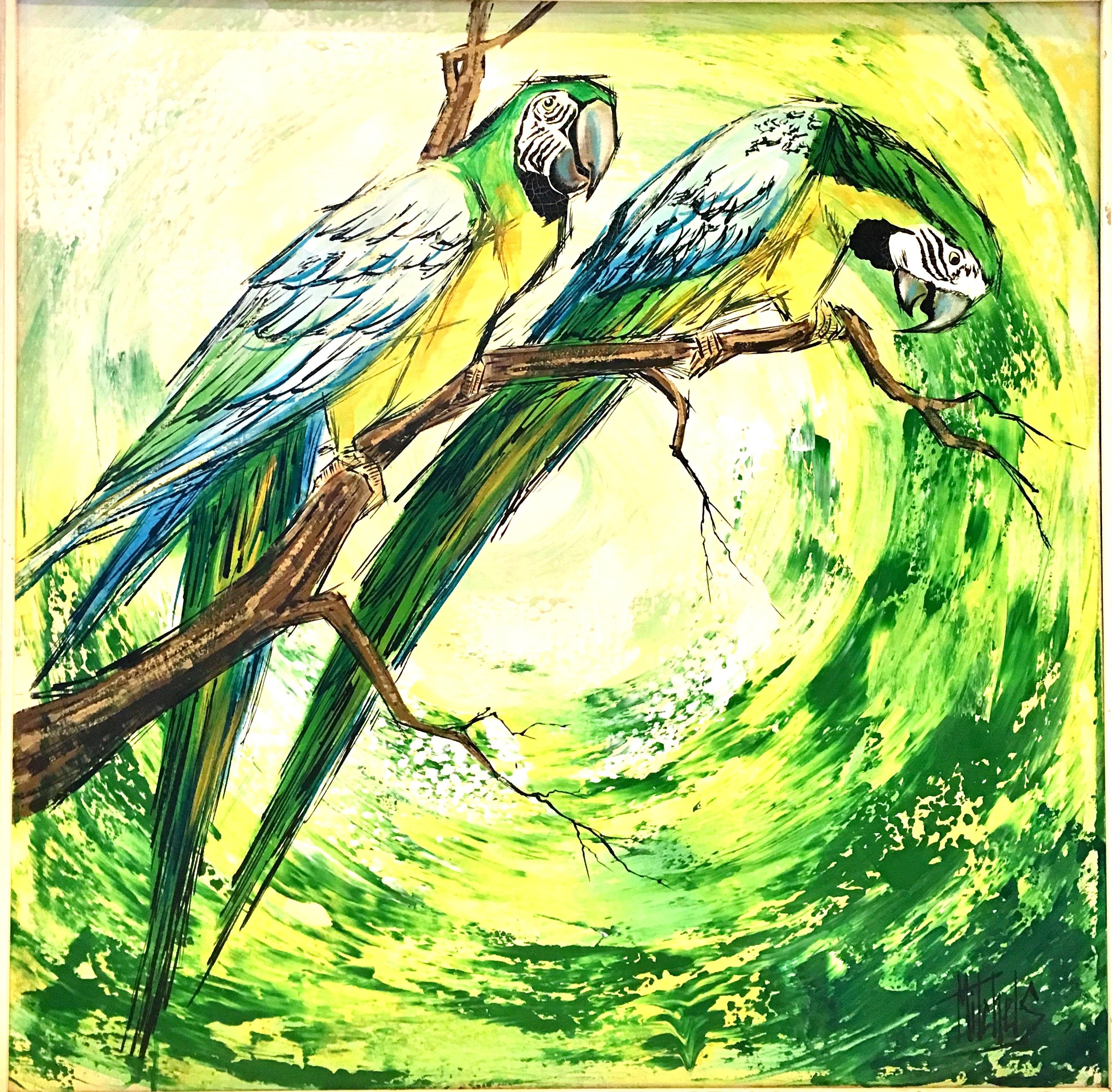 20th century original oil on canvas, bright and cheery painting by, Mitchels. Features a pair of birds perched on a branch. Finished in shades of bright green, blue, yellow, black, white and brown. The frame is dark painted wood. Artist signed lower