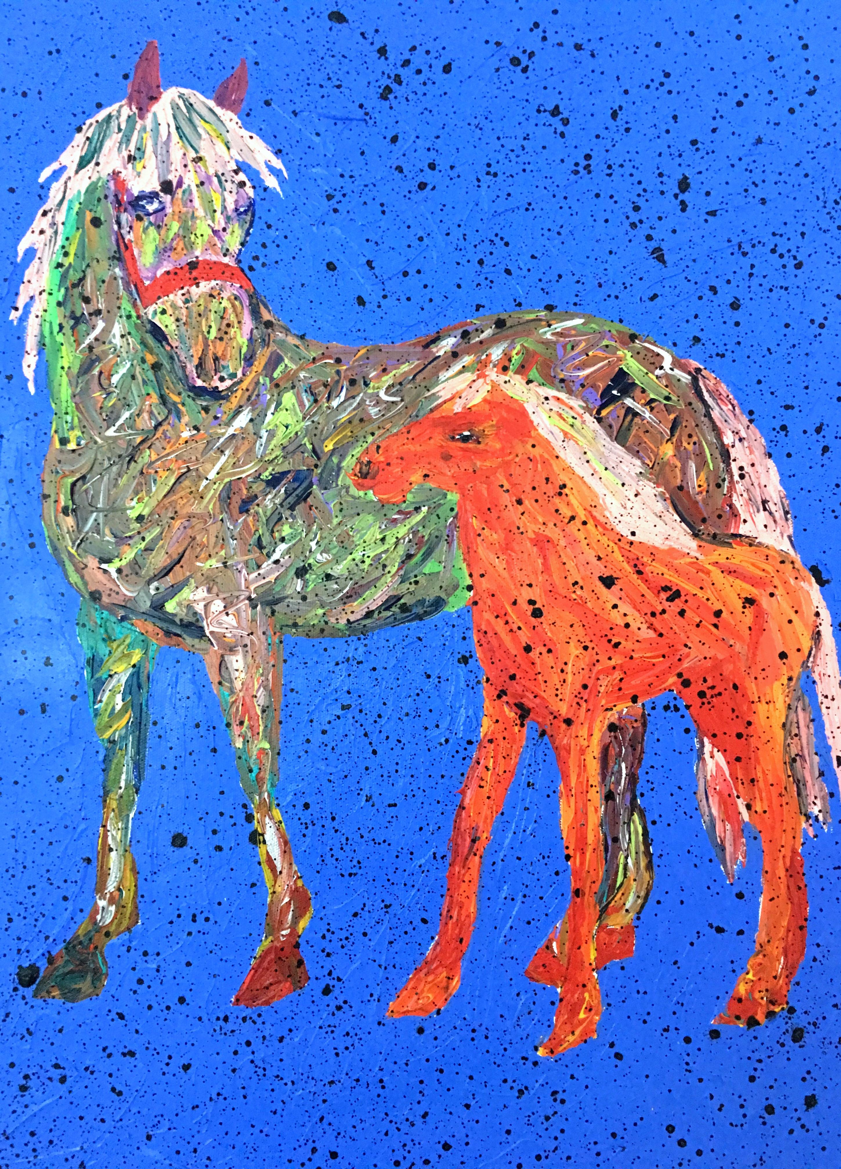 20th Century original oil on canvas painting by, Barbara Smith. Features a vivid blue ground with impasto textured technique and horse motif. Signed lower front right, Barbara Smith.