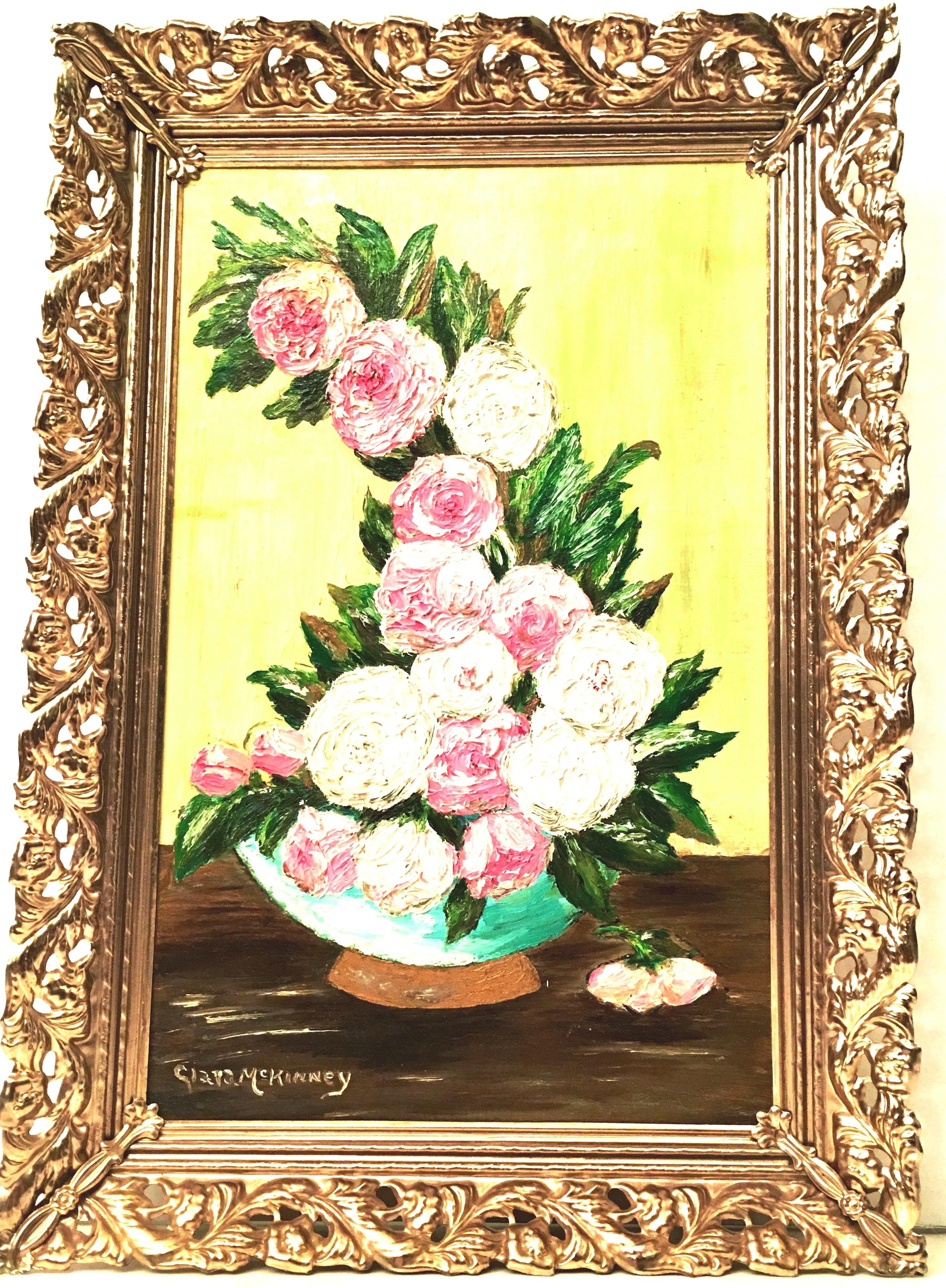1960s original oil on canvas board painting by, Clara McKinney. This diminutive and dramatic textured still life vase and bouquet of flowers motif has a vivid yellow and brown ground. The vase is turquoise with gilt gold detail. Beautifully framed