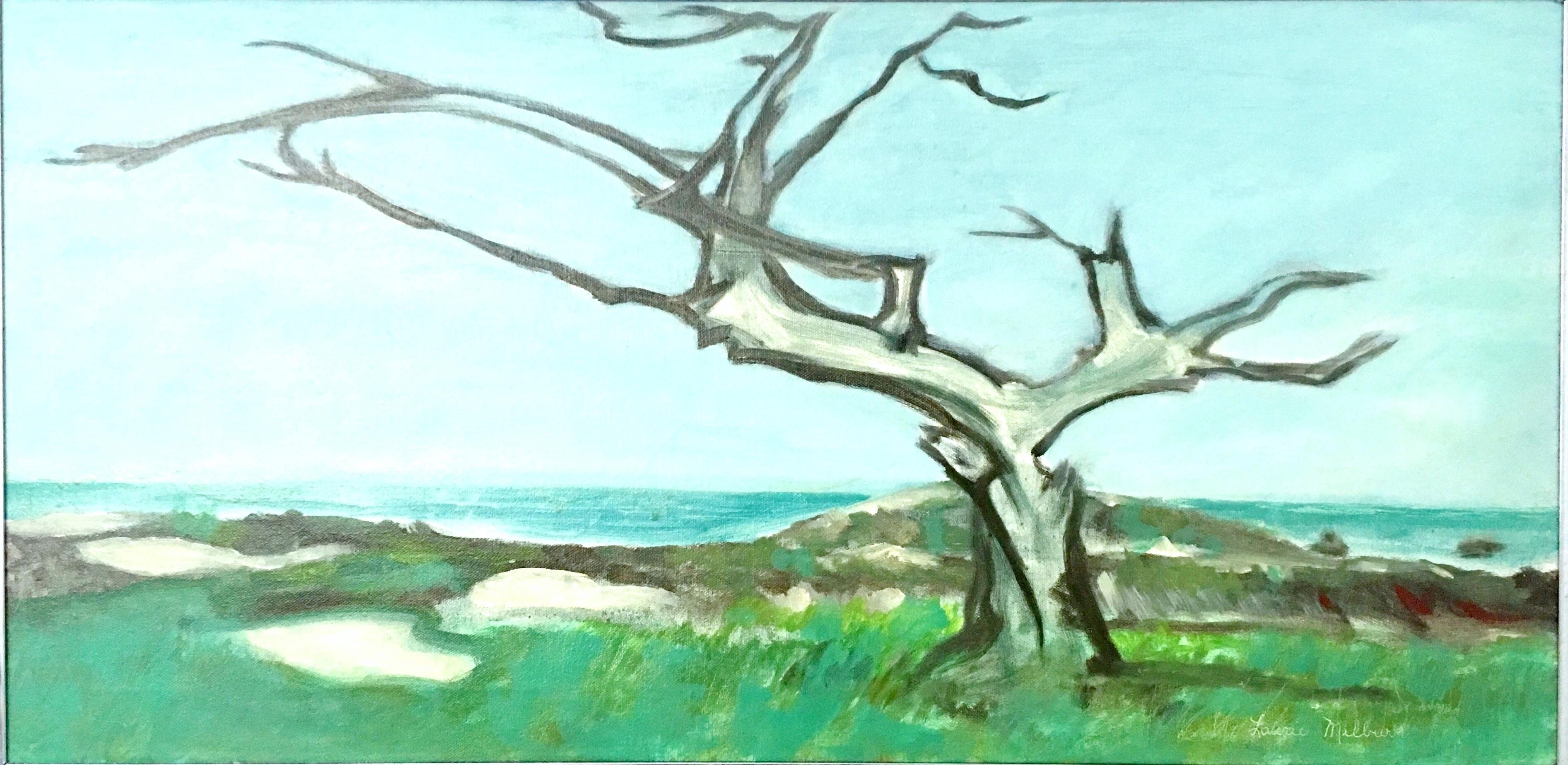 20th century original oil on canvas painting by, Laurie Milburn. This original Artist-signed piece feature oil on canvas tree and ocean motif with great attention to detail. Signed front lower right,
Laurie Milburn. Framed is a simple silver
