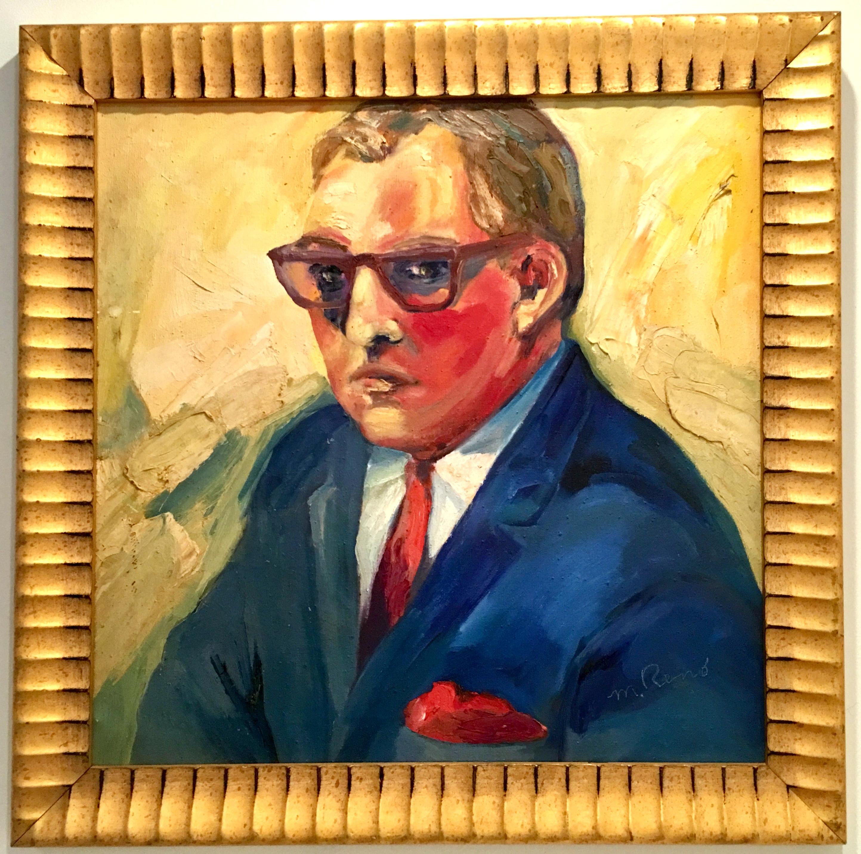 20th Century original oil on canvas painting by, M. Reno. This impasto style painting features a male portrait of a man in an electric blue suit with a red tie on mostly yellow background. Signed 