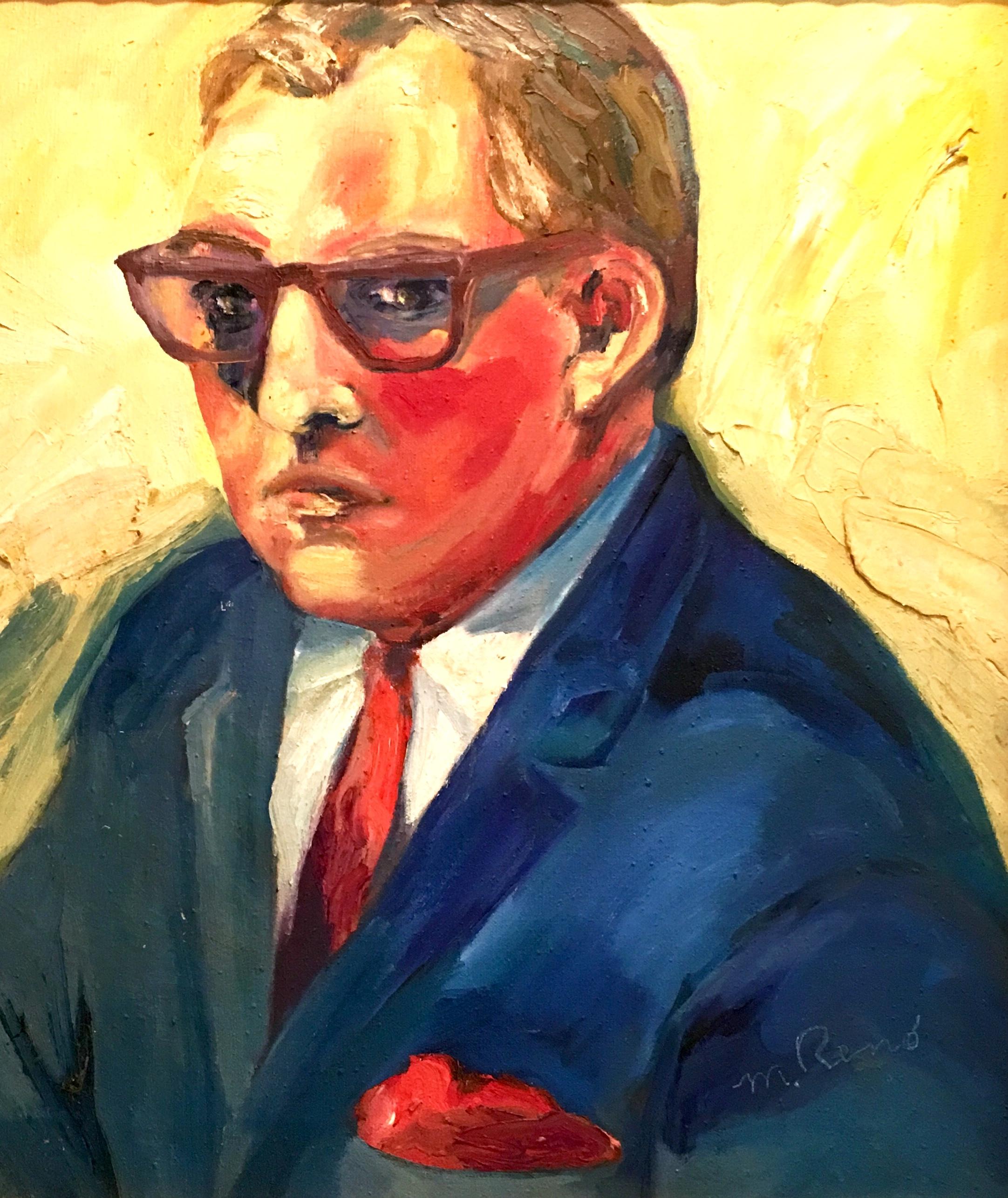 20th century original oil on canvas painting by, M. Reno. This impasto style painting features a male portrait of a man in an electric blue suit with a red tie on mostly yellow background. Signed 