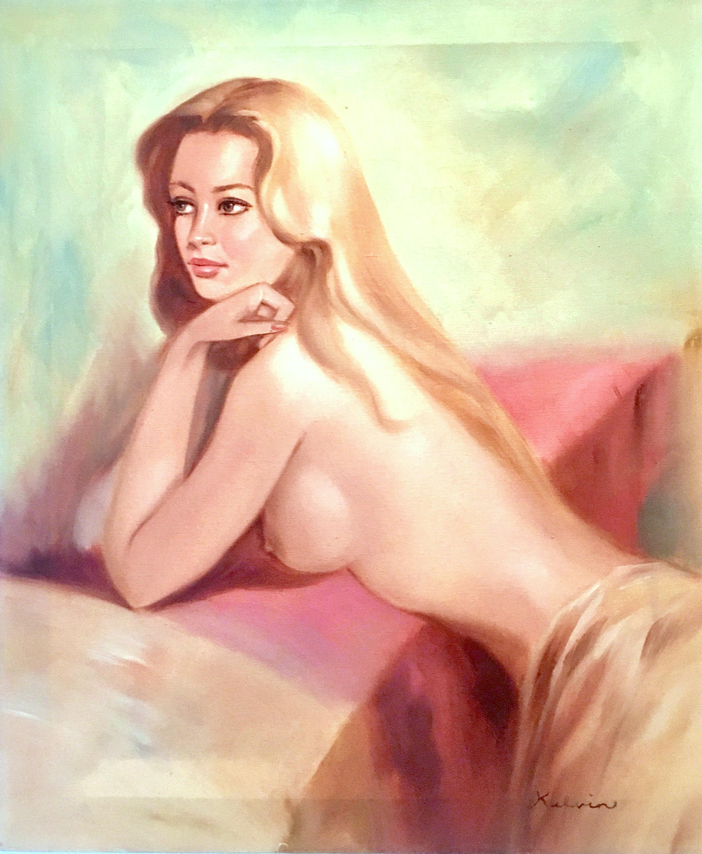 20th Century Original oil on stretched canvas painting of a blonde female nude female.
Artist signed lower right, Kelvin.