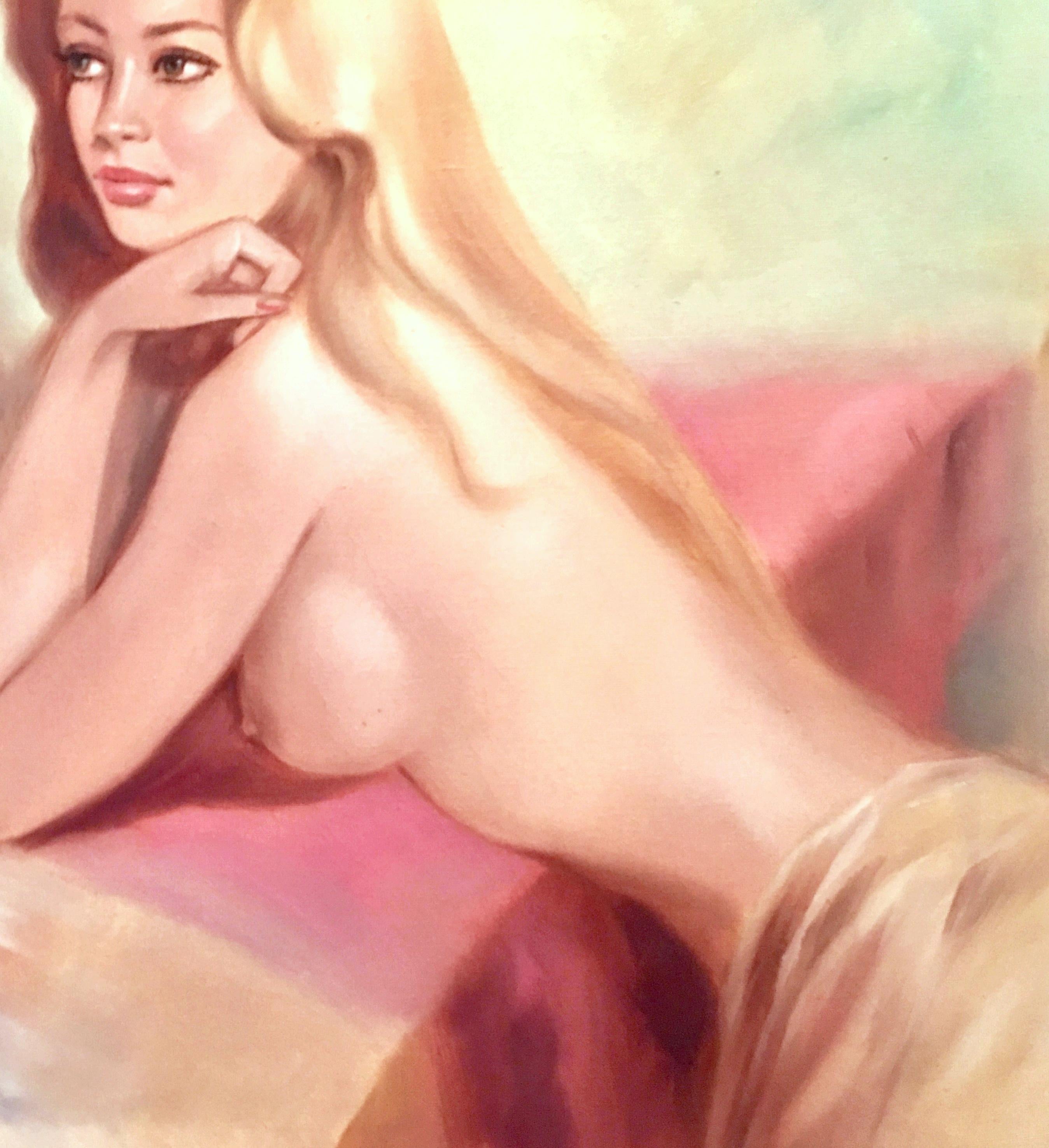 20th century original oil on stretched canvas painting of a blonde female nude female.
Artist signed lower right, Kelvin.