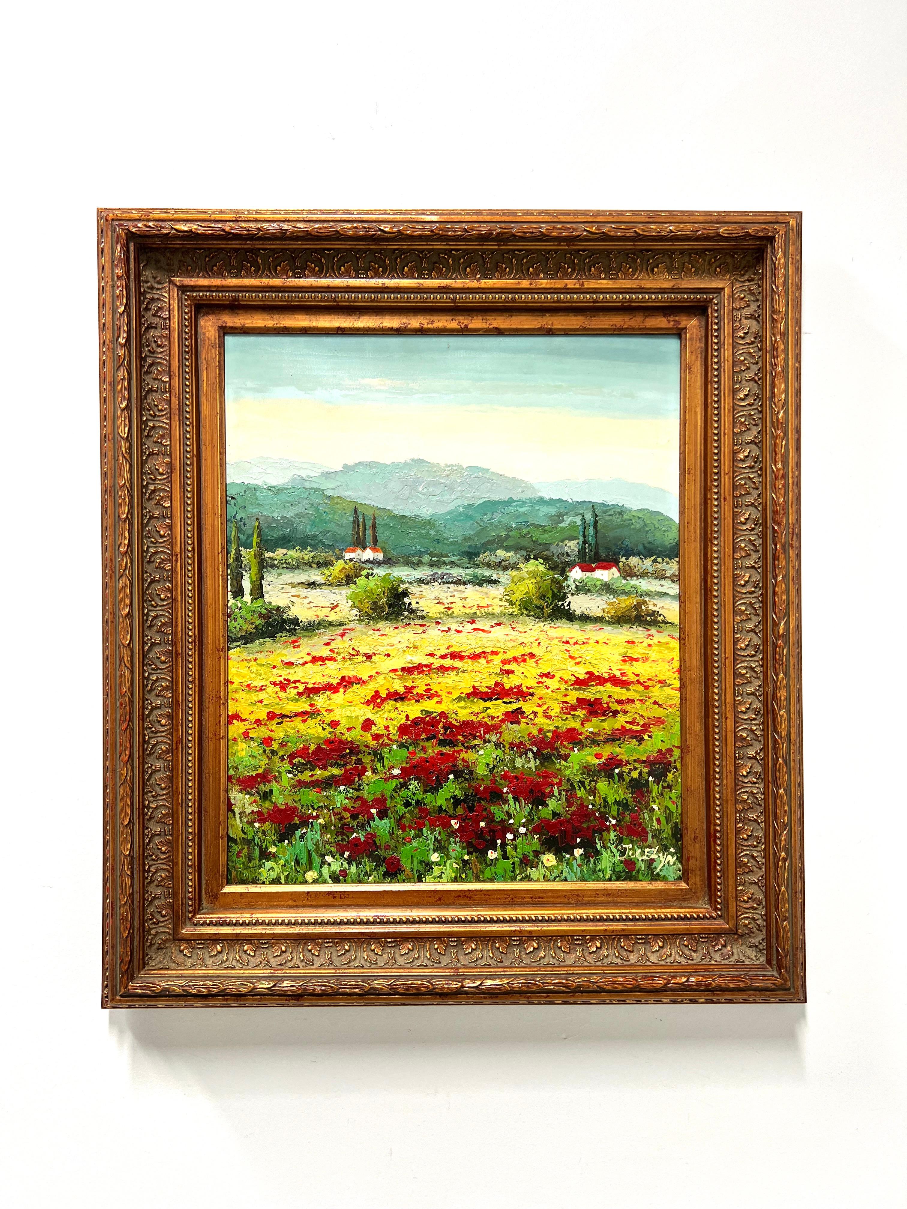 20th Century Original Oil on Canvas Painting - Italian Poppies & Mountains For Sale 7