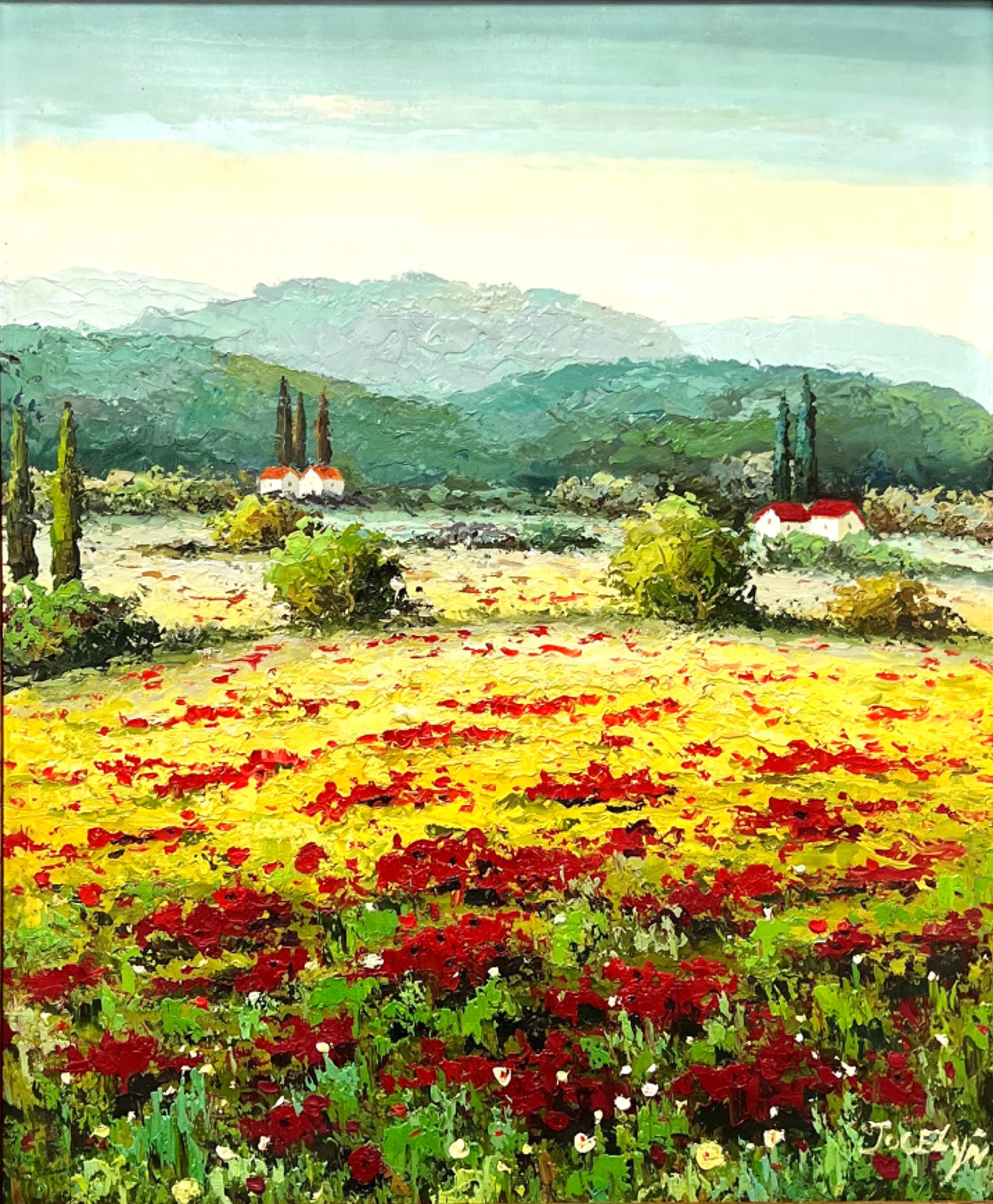 An original oil painting on canvas, from the 20th Century. Untitled, (Italian Poppies & Mountains). Signed 