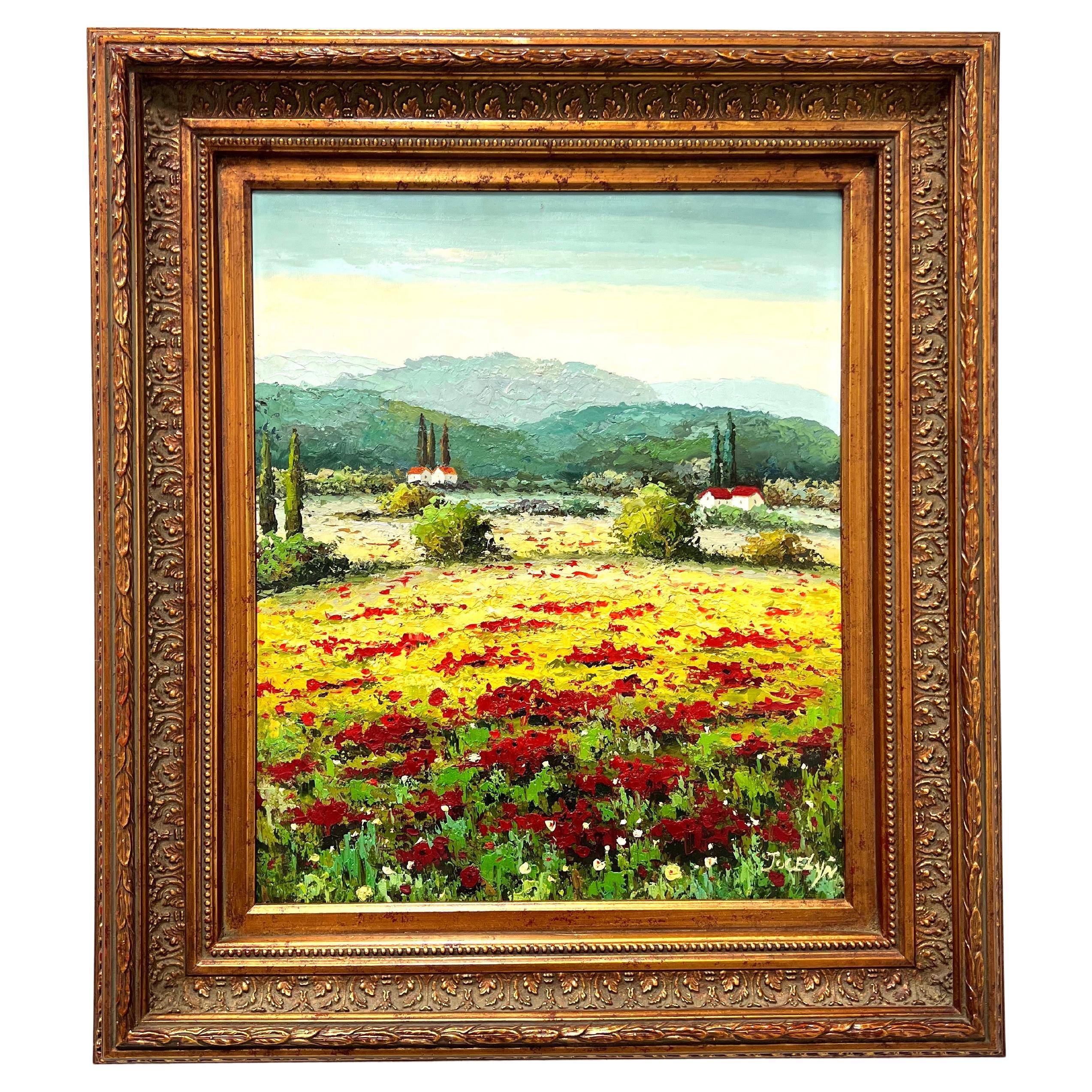 Pintura original al óleo sobre lienzo del siglo XX - Amapolas y montañas italianas