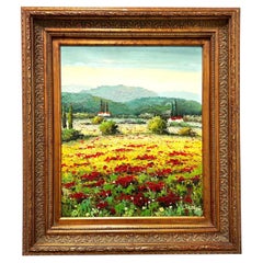 Vintage 20th Century Original Oil on Canvas Painting - Italian Poppies & Mountains