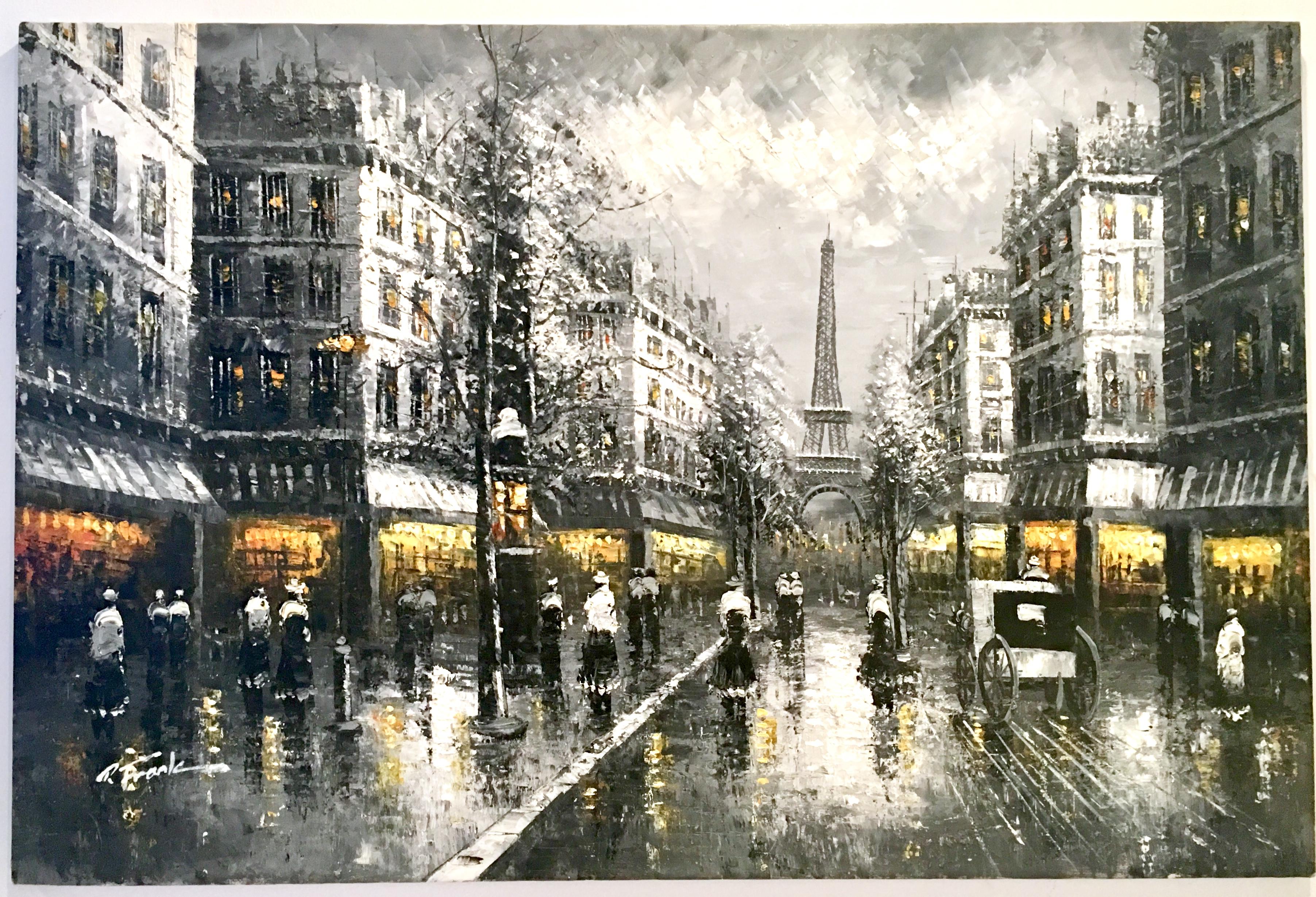 20th century impressionist original oil on canvas painting of Paris at night by, R. Frank. This large scale thirty six inch original oil on canvas impasto textured artist signed painting features Paris France at night with the Eiffel Tower as a back