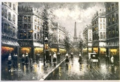 20th Century Original Oil on Canvas Painting of Paris at Night by R. Frank