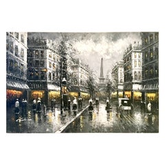20th Century Original Oil on Canvas Painting of Paris at Night by R. Frank