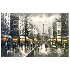 20th Century Original Oil on Canvas Painting of Paris at Night by R. Frank