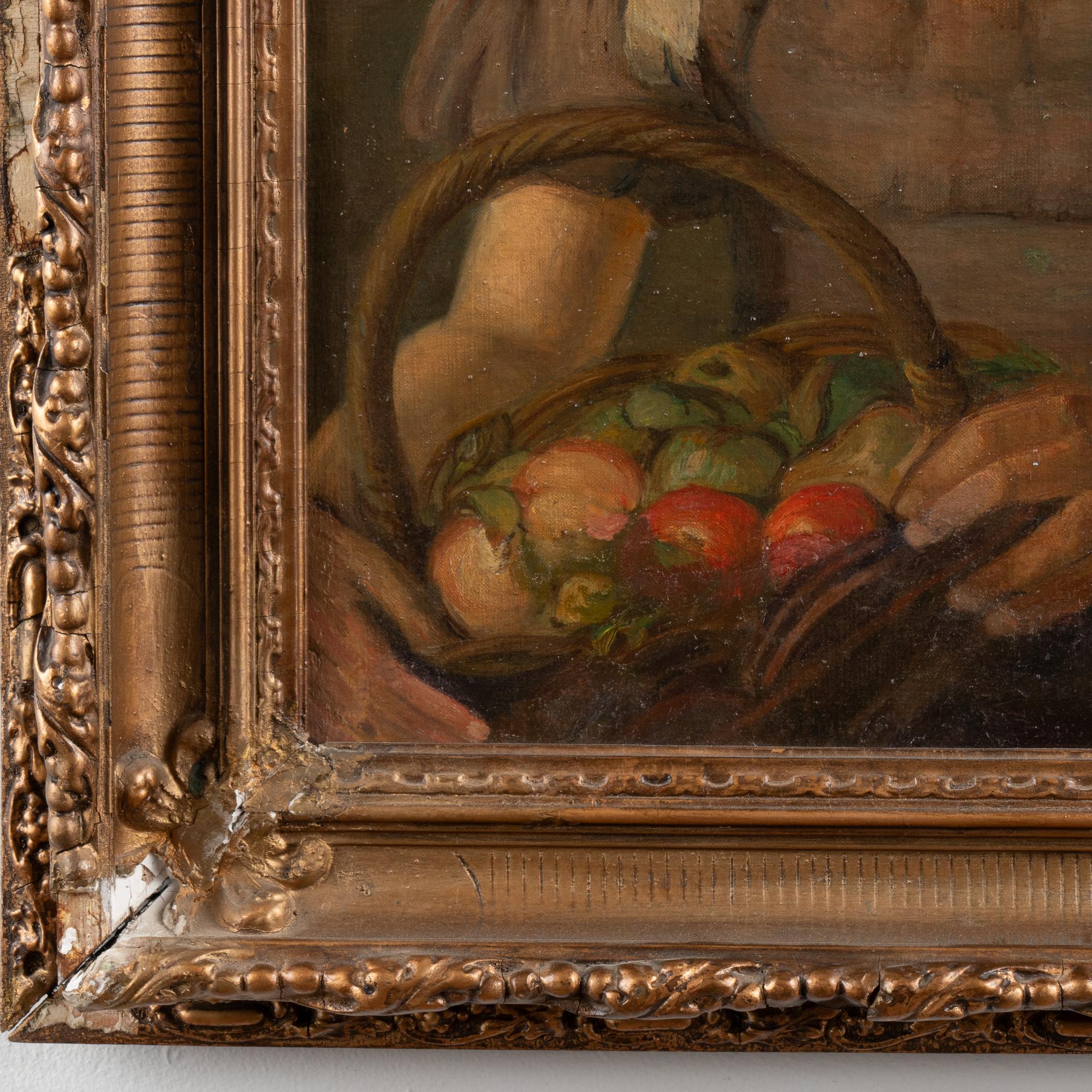 Olio originale del XX secolo su tela Ritratto di giovane ragazza con cappellino, Danimarca in vendita 5