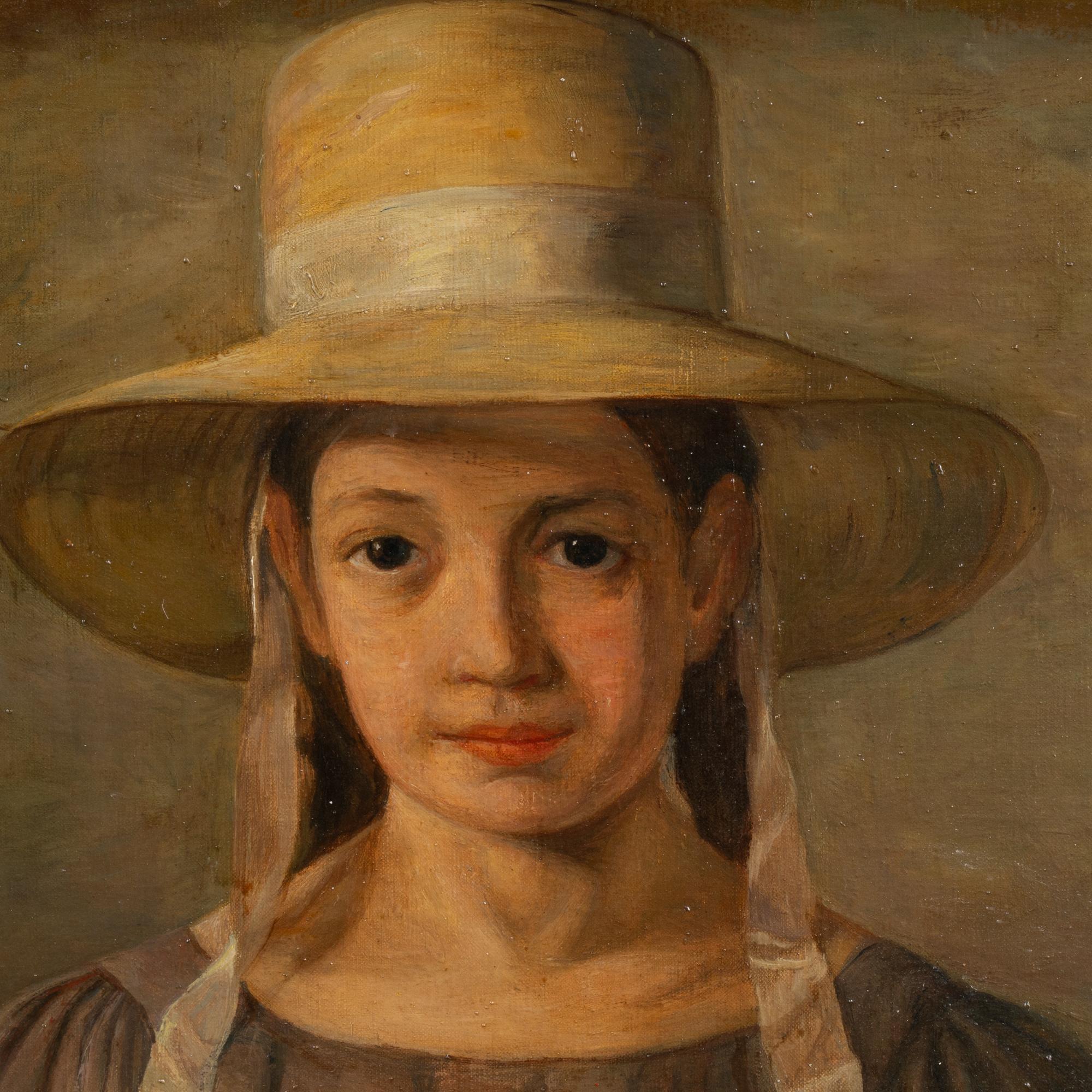 Tela Olio originale del XX secolo su tela Ritratto di giovane ragazza con cappellino, Danimarca in vendita