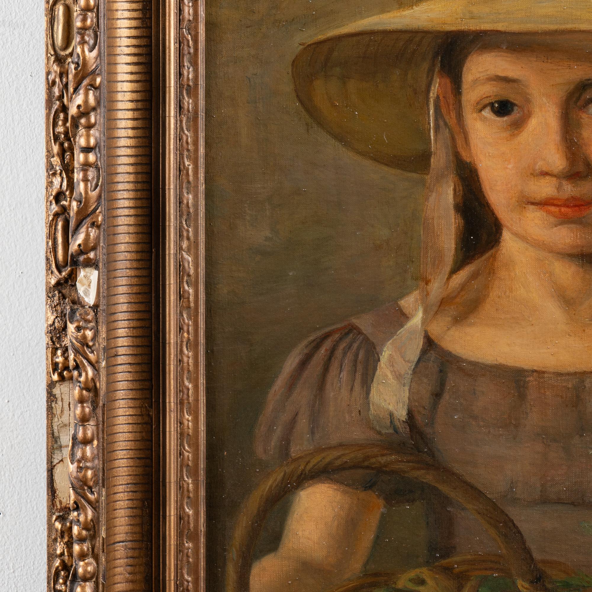 Olio originale del XX secolo su tela Ritratto di giovane ragazza con cappellino, Danimarca in vendita 1