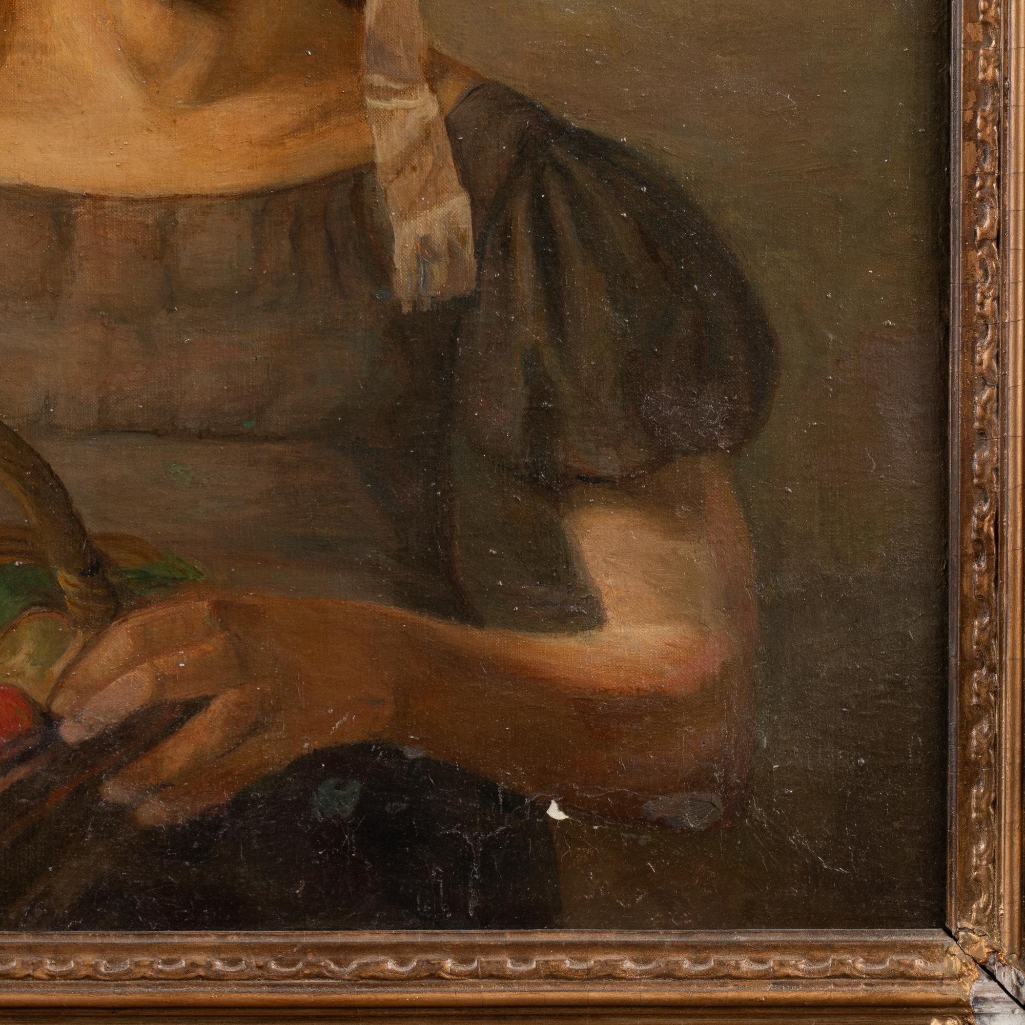 Olio originale del XX secolo su tela Ritratto di giovane ragazza con cappellino, Danimarca in vendita 4