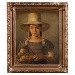 Olio originale del XX secolo su tela Ritratto di giovane ragazza con cappellino, Danimarca