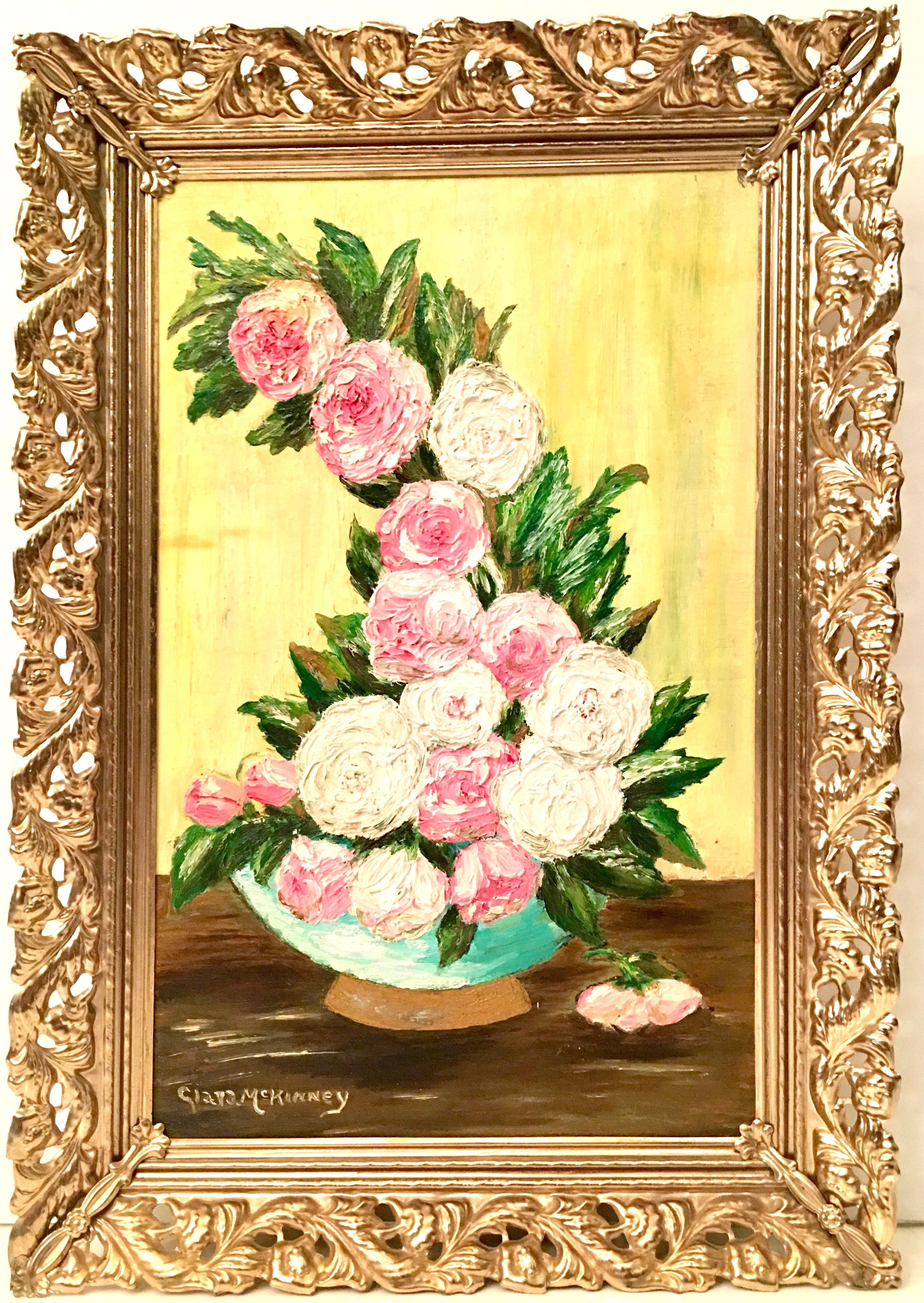 20th Century oil on canvas painting, still life flowers By, Clara McKinney. Signed front lower left. Framed in a gold metal frame.