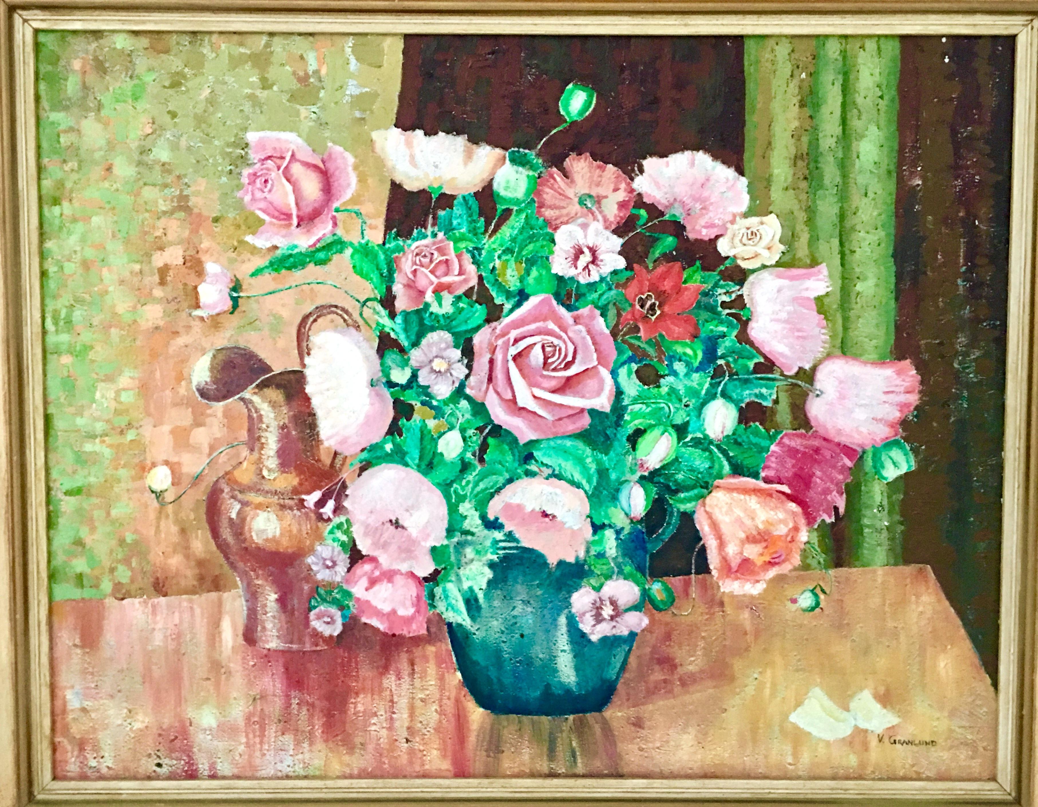 20th century original oil on canvas painting by, V. Granland. This still life work of art features a textured technique and depicts a vase of flowers on a table executed in bright green, pink and coral. Artist-signed lower right, V. Granland. Framed