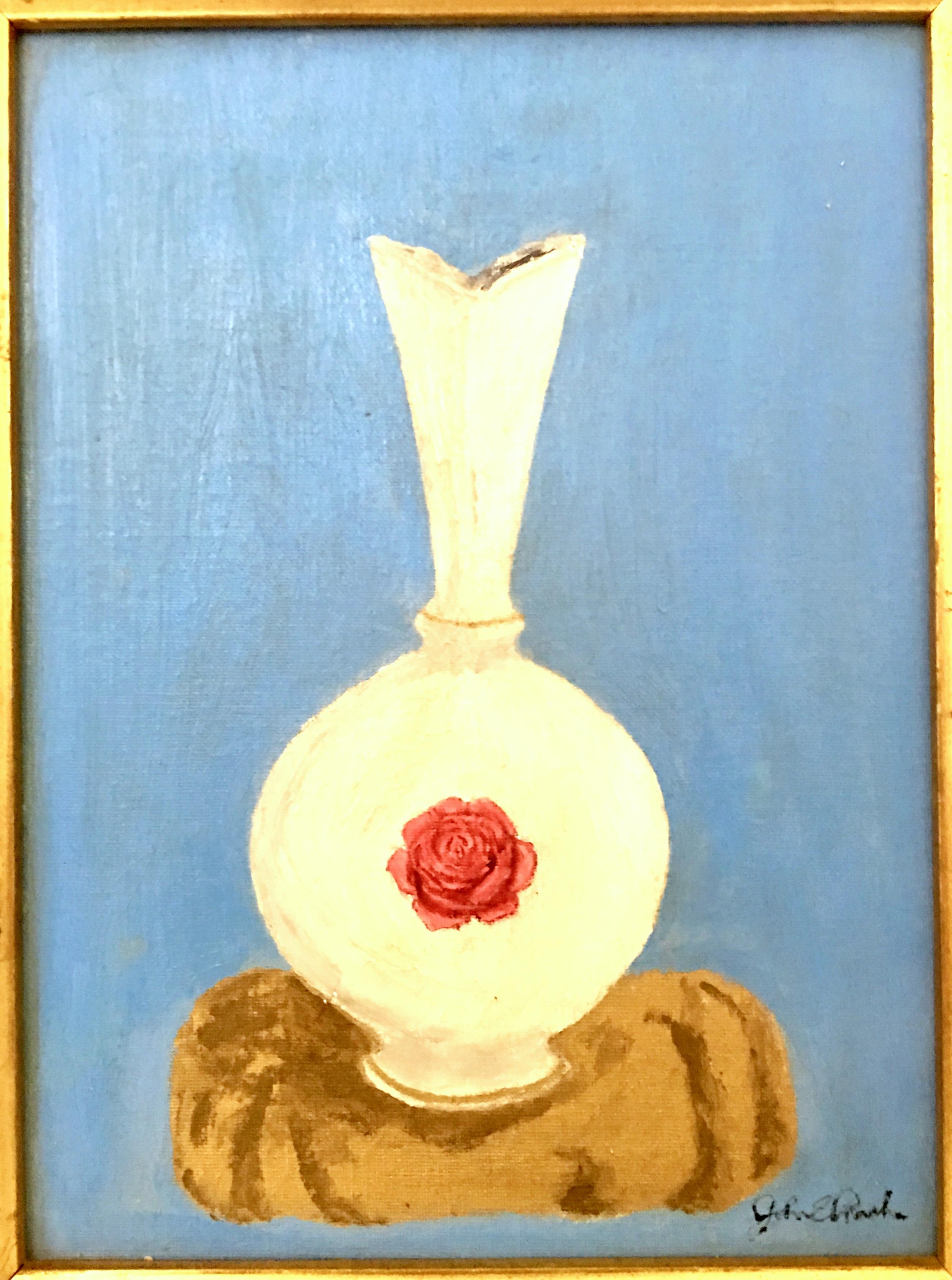 20th Century original oil on canvas still life painting -signed. This original impasto still life oil on canvas painting features a periwinkle ground with a metallic gold table with a white vase of pink flowers. Framed in a carved gilt wood frame