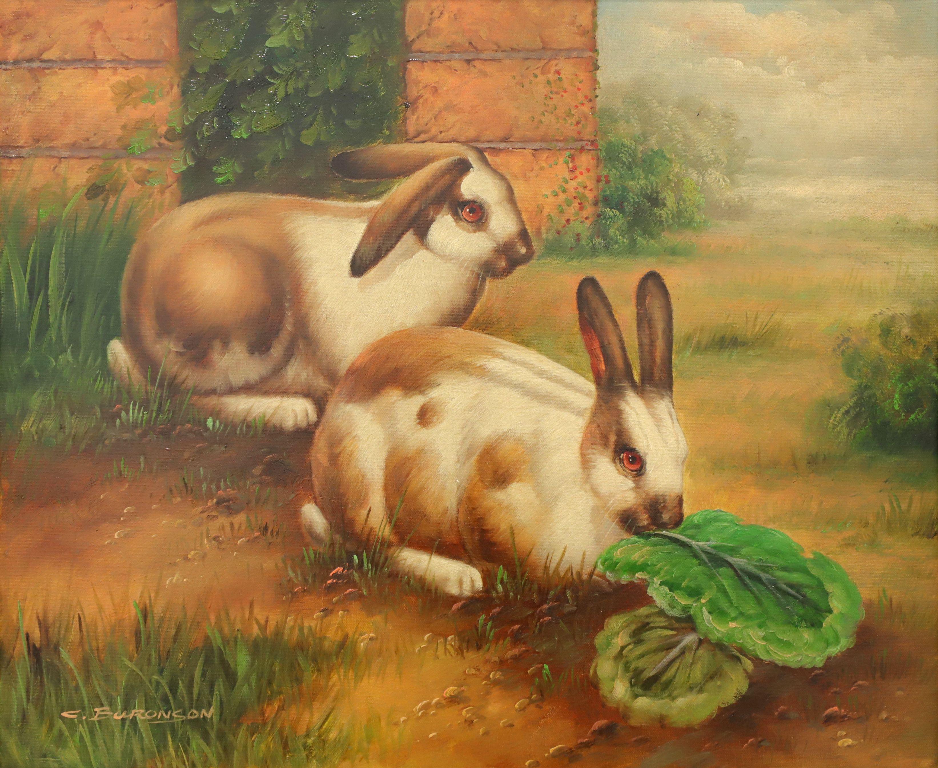 An original oil on canvas painting, from the 20th century. Untitled, (Bunnies). Signed 
