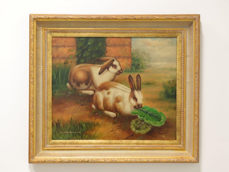 20th Century Original Oil on Canvas Painting Bunnies Signed C