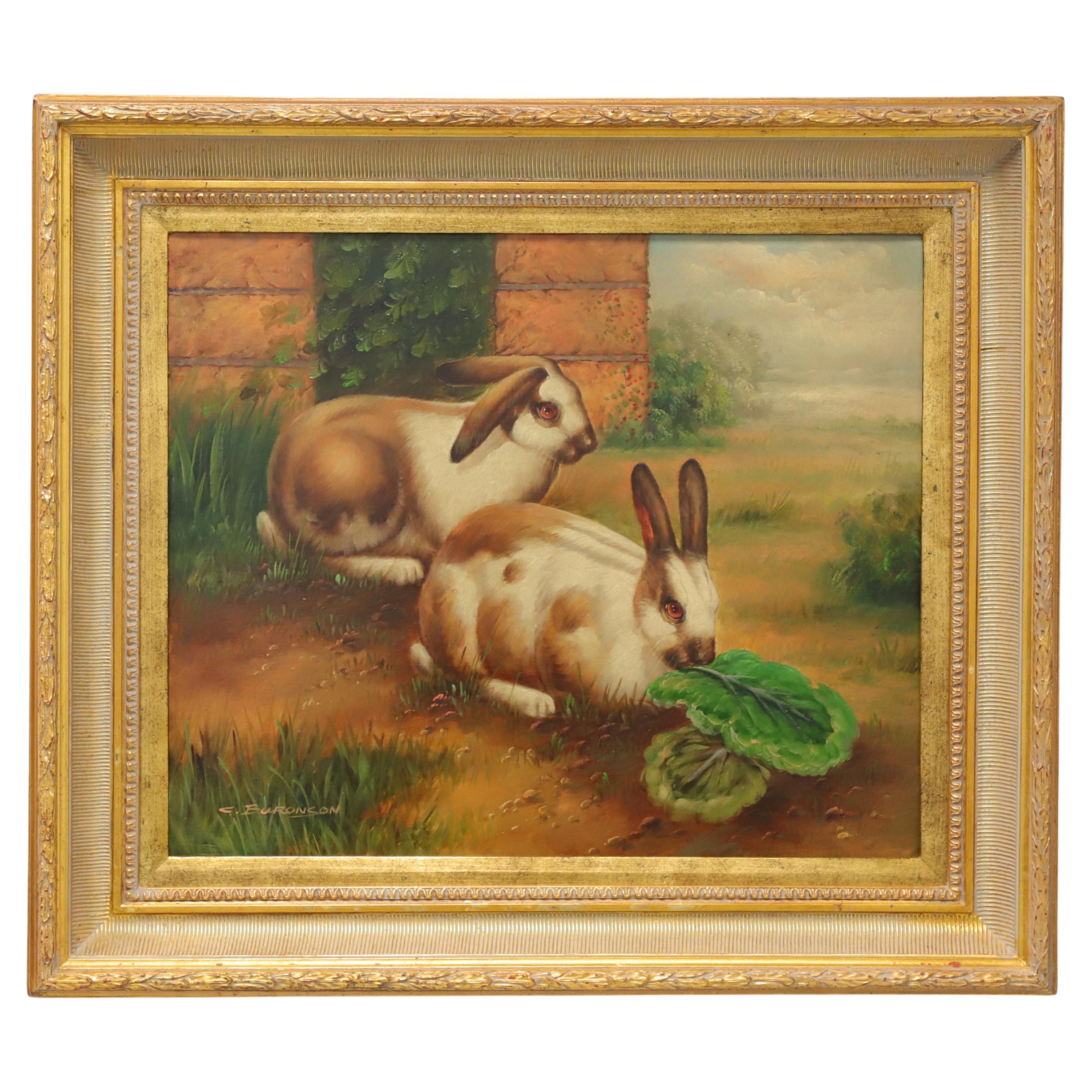 20th Century Original Oil on Canvas Painting - Bunnies - Signed C. Buronson For Sale