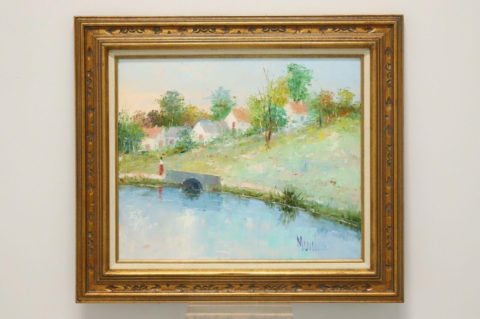 Peinture à l'huile originale du XXe siècle - Lac et paysage - Manol signé 2