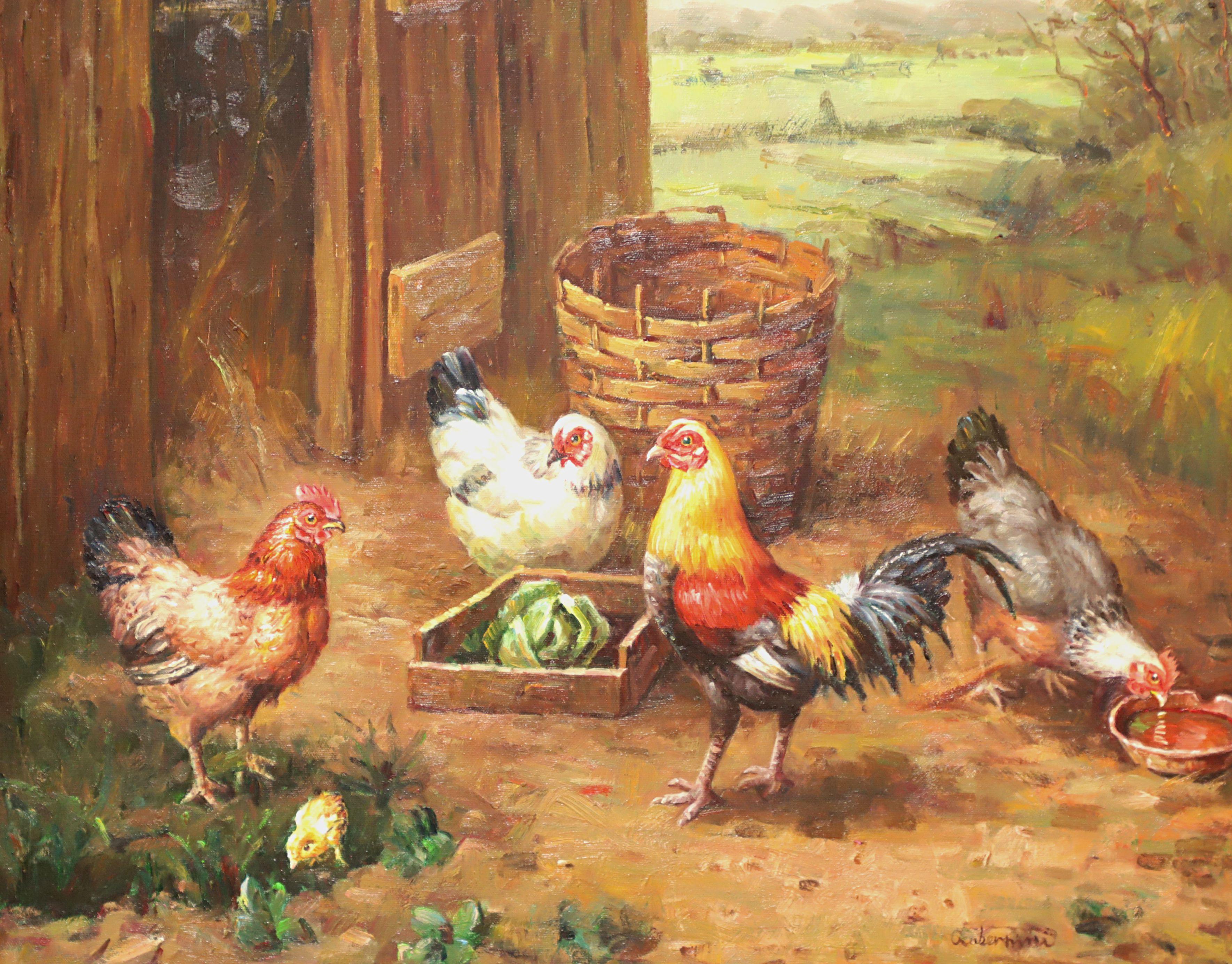 An original oil painting on canvas, from the 20th Century. Untitled, (Chicken Scene). Signed, signature is illegible, to lower right. Presented in a white and gold painted wood frame with wire hanger.

Measures: Overall: 34.5w 3.5d 30.75h, Canvas: