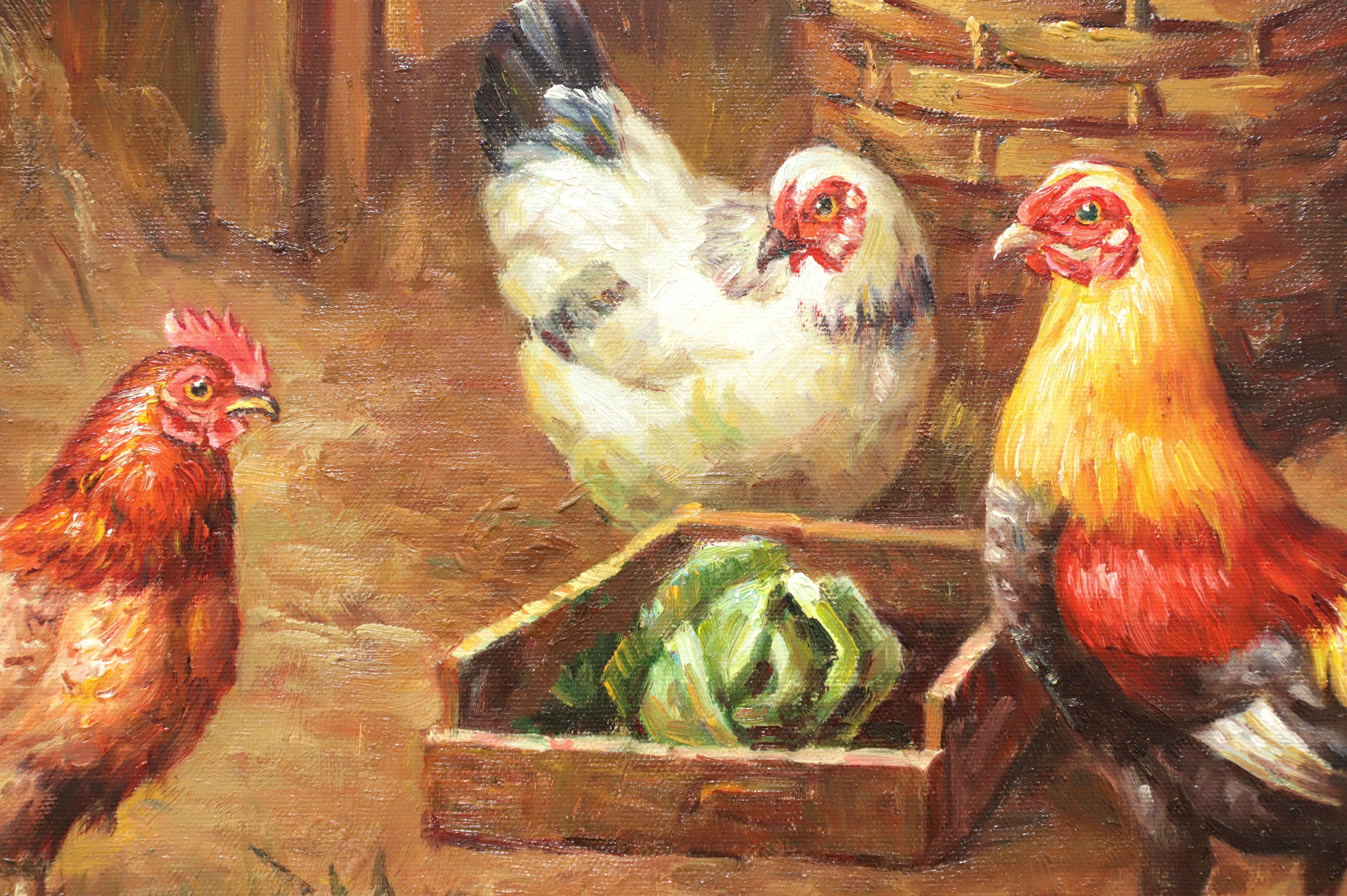 Other 20th Century Original Oil Painting on Canvas - Chicken Scene - Signed