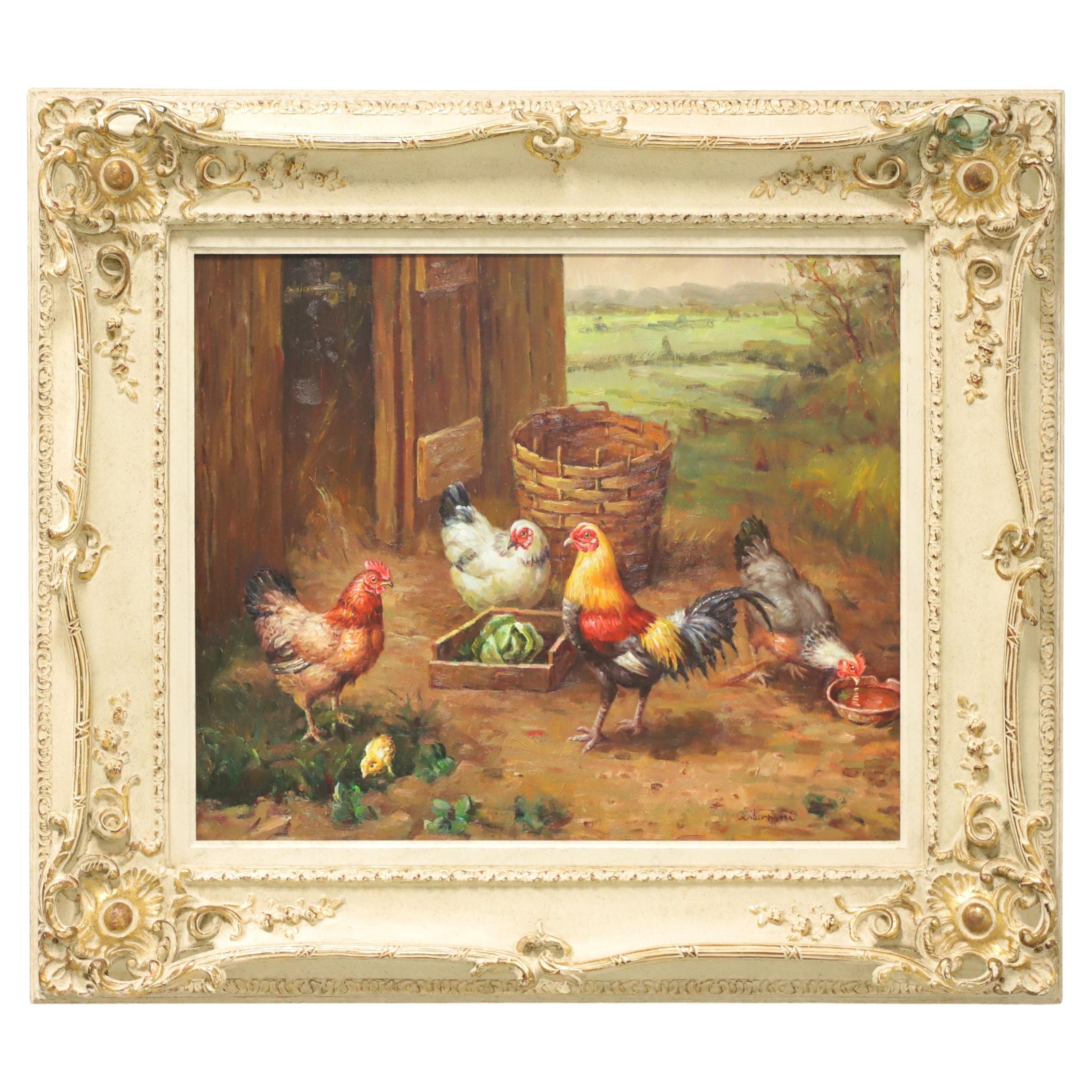 20th Century Original Oil Painting on Canvas - Chicken Scene - Signed
