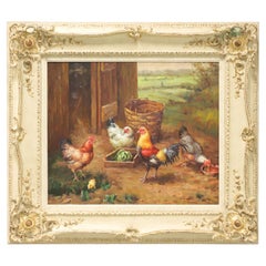 20th Century Original Oil Painting on Canvas - Chicken Scene - Signed