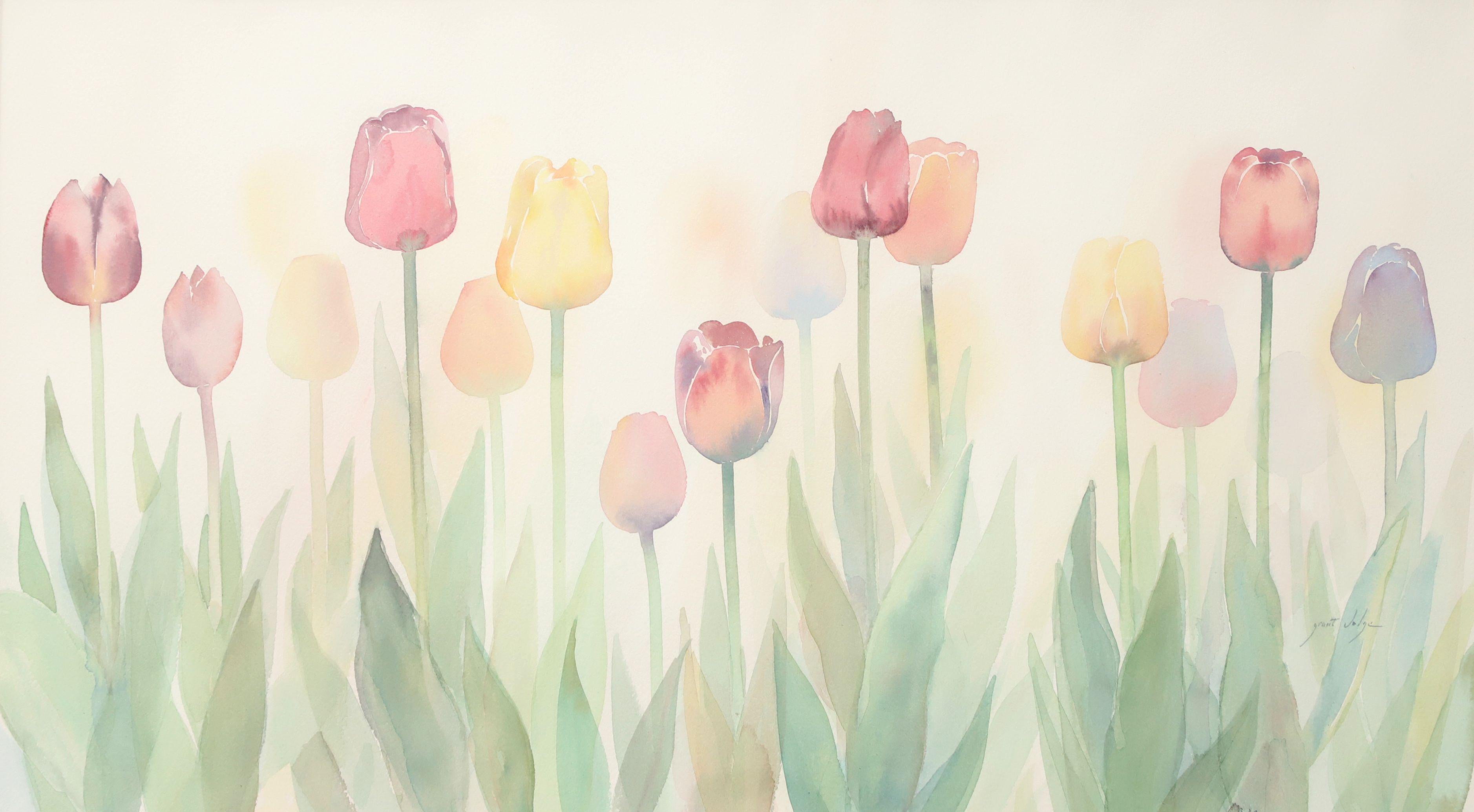An original watercolor painting on paper, from the 20th century. Untitled, (Spring Tulips). Signed 