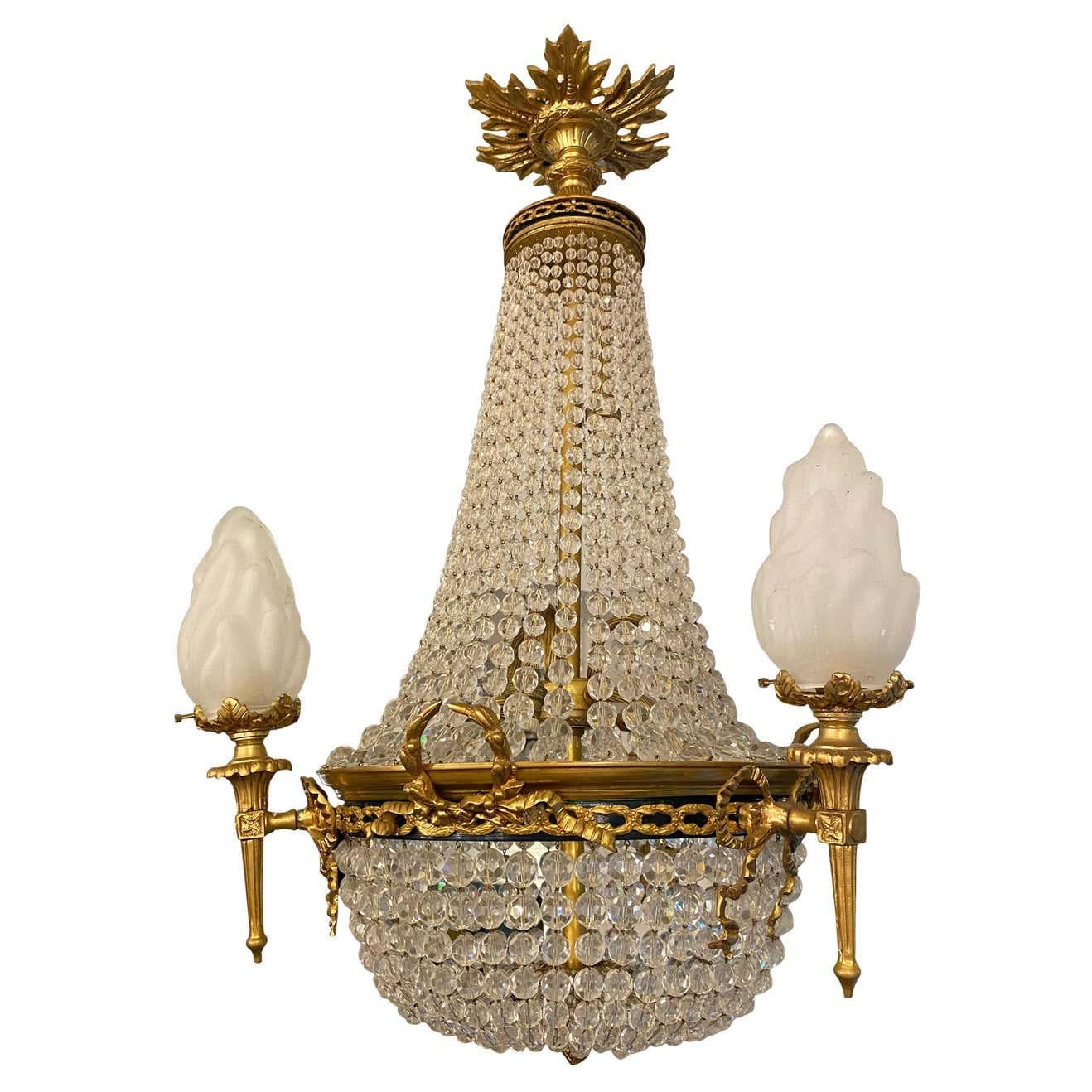 20th Century Ormolu and Glass Tent and Bag Chandelier