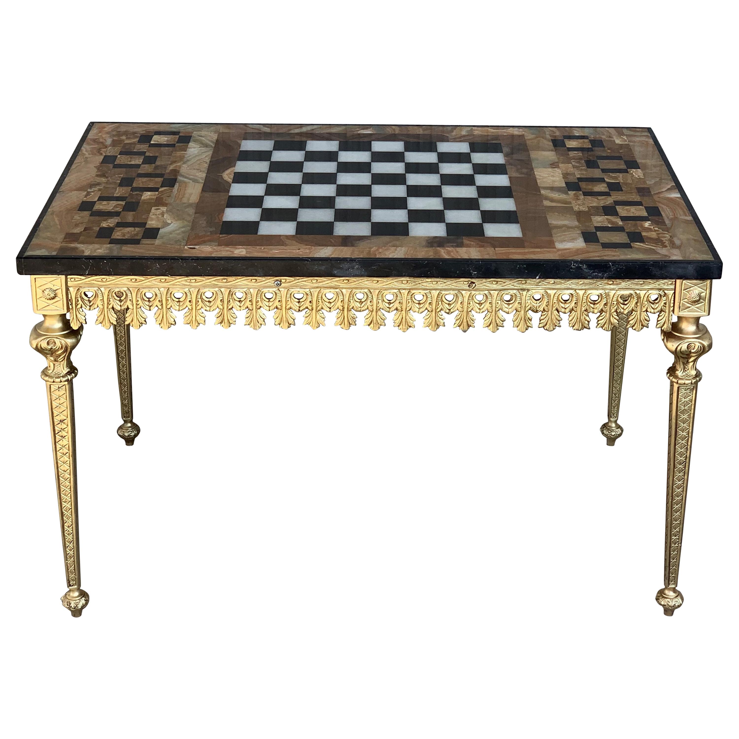 20th Century Ormolu Mounted Bronze Game of Chess with Marble and Onix Top Table