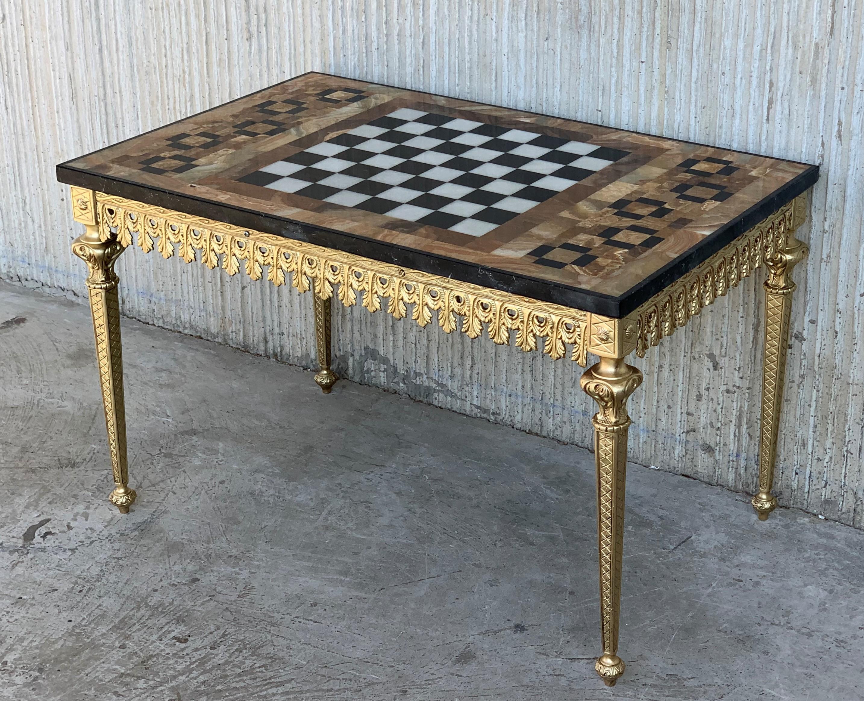 Baroque 20th Century Ormolu Mounted Bronze Game of Chess with Marble and Onix Top Table