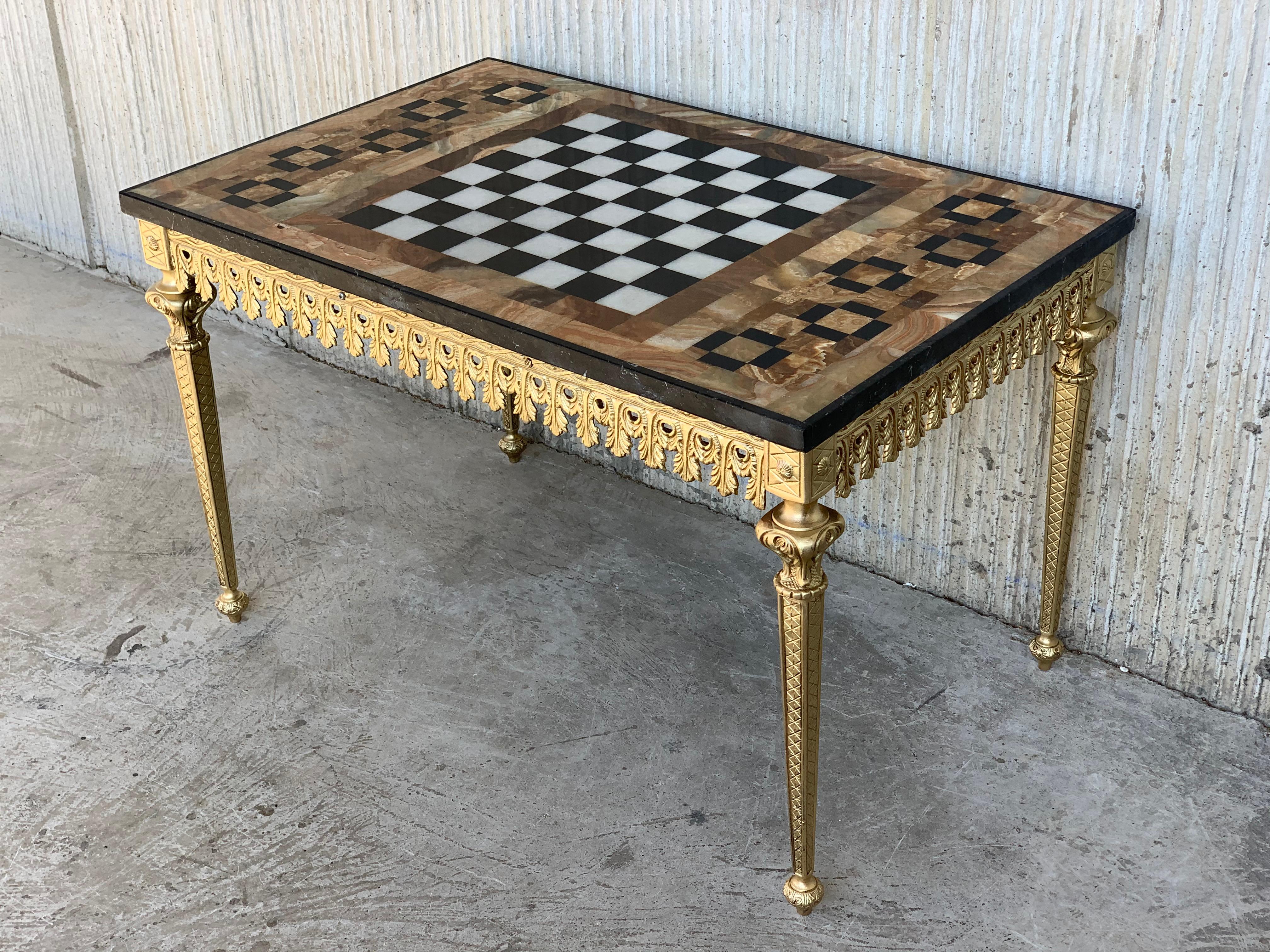 French 20th Century Ormolu Mounted Bronze Game of Chess with Marble and Onix Top Table