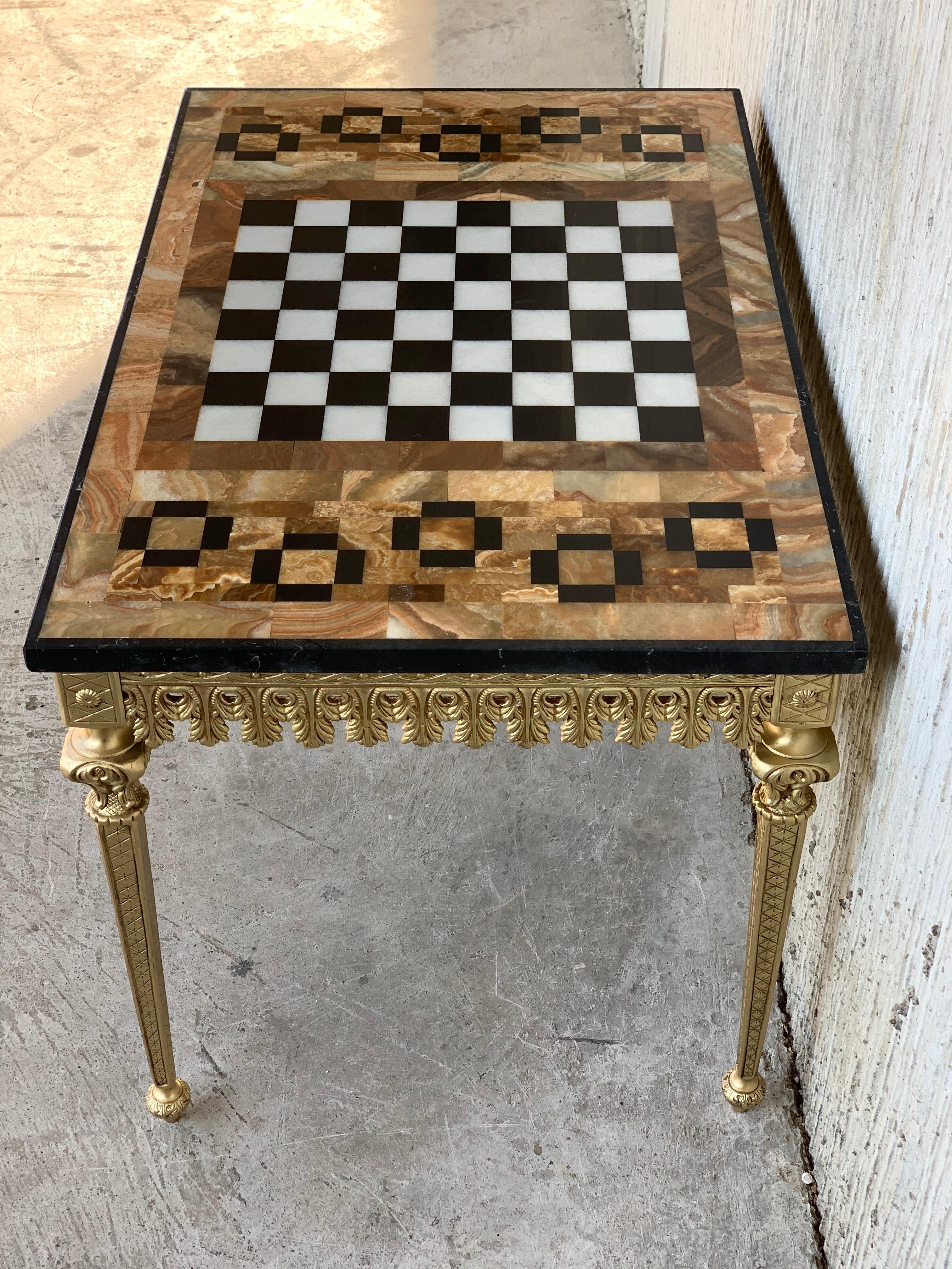 20th Century Ormolu Mounted Bronze Game of Chess with Marble and Onix Top Table In Good Condition In Miami, FL