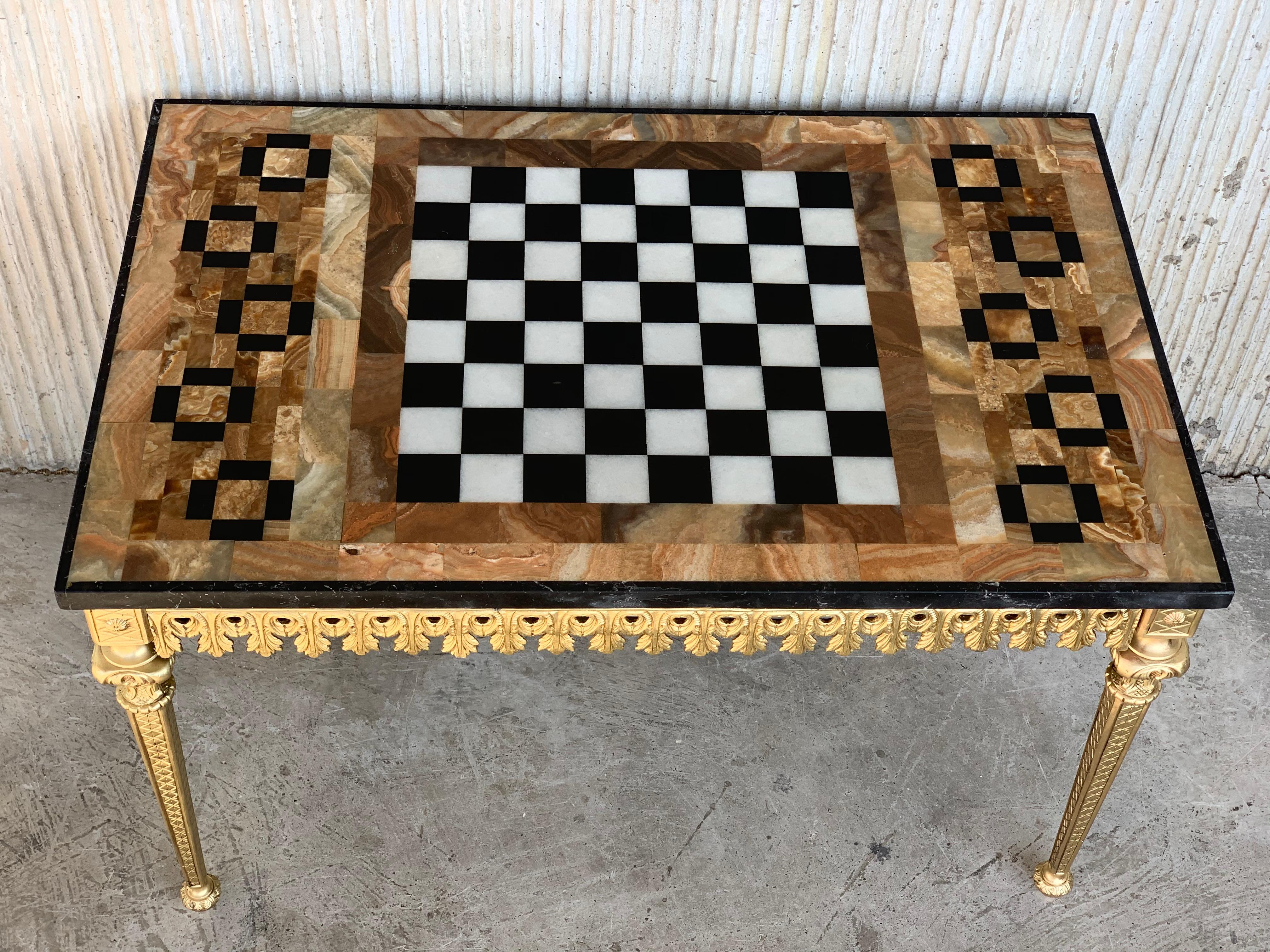 19th Century 20th Century Ormolu Mounted Bronze Game of Chess with Marble and Onix Top Table