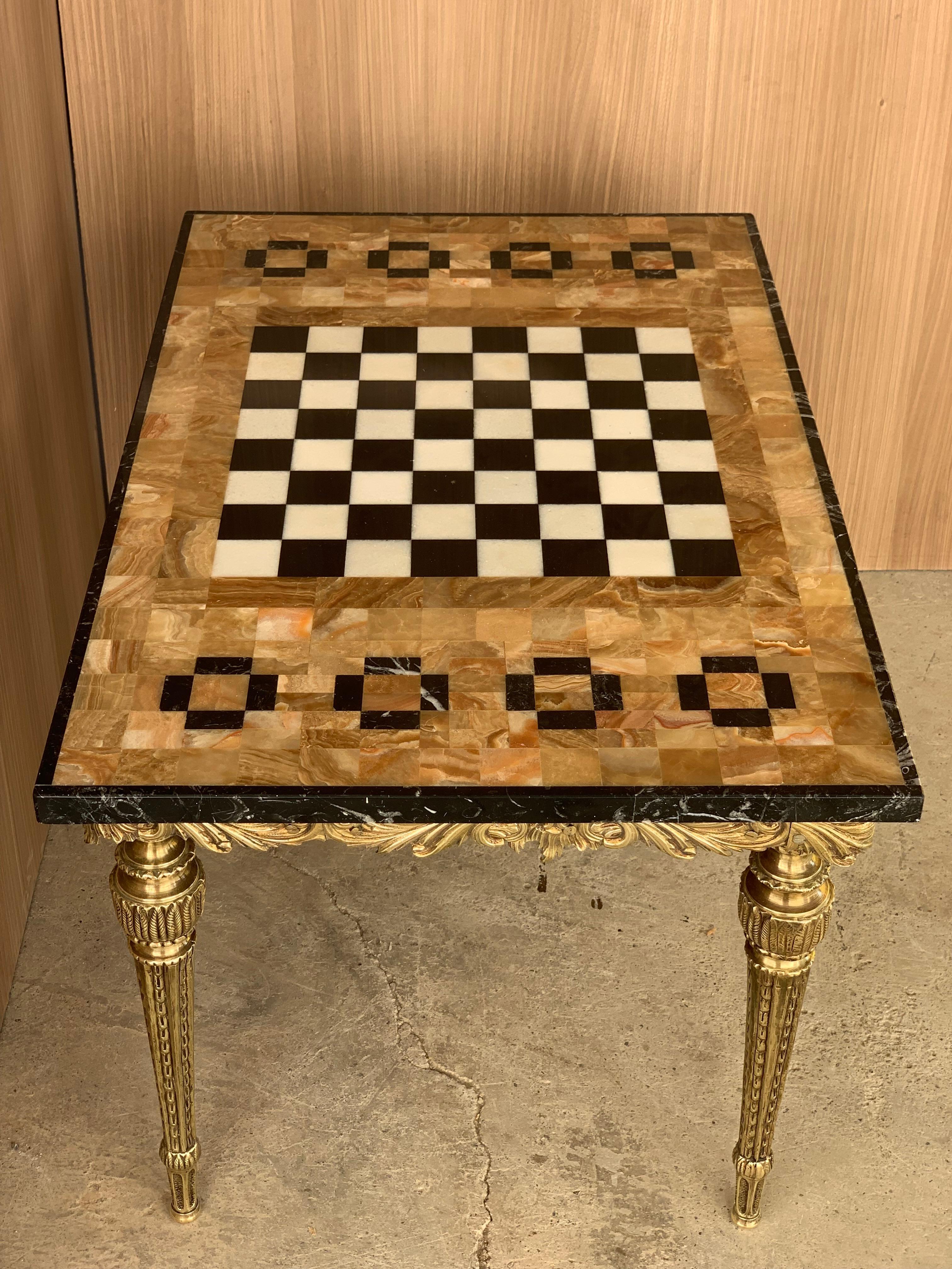 20th Century Ormulu Mounted Bronze Game of Chess with Marble and Onix Top Table 1
