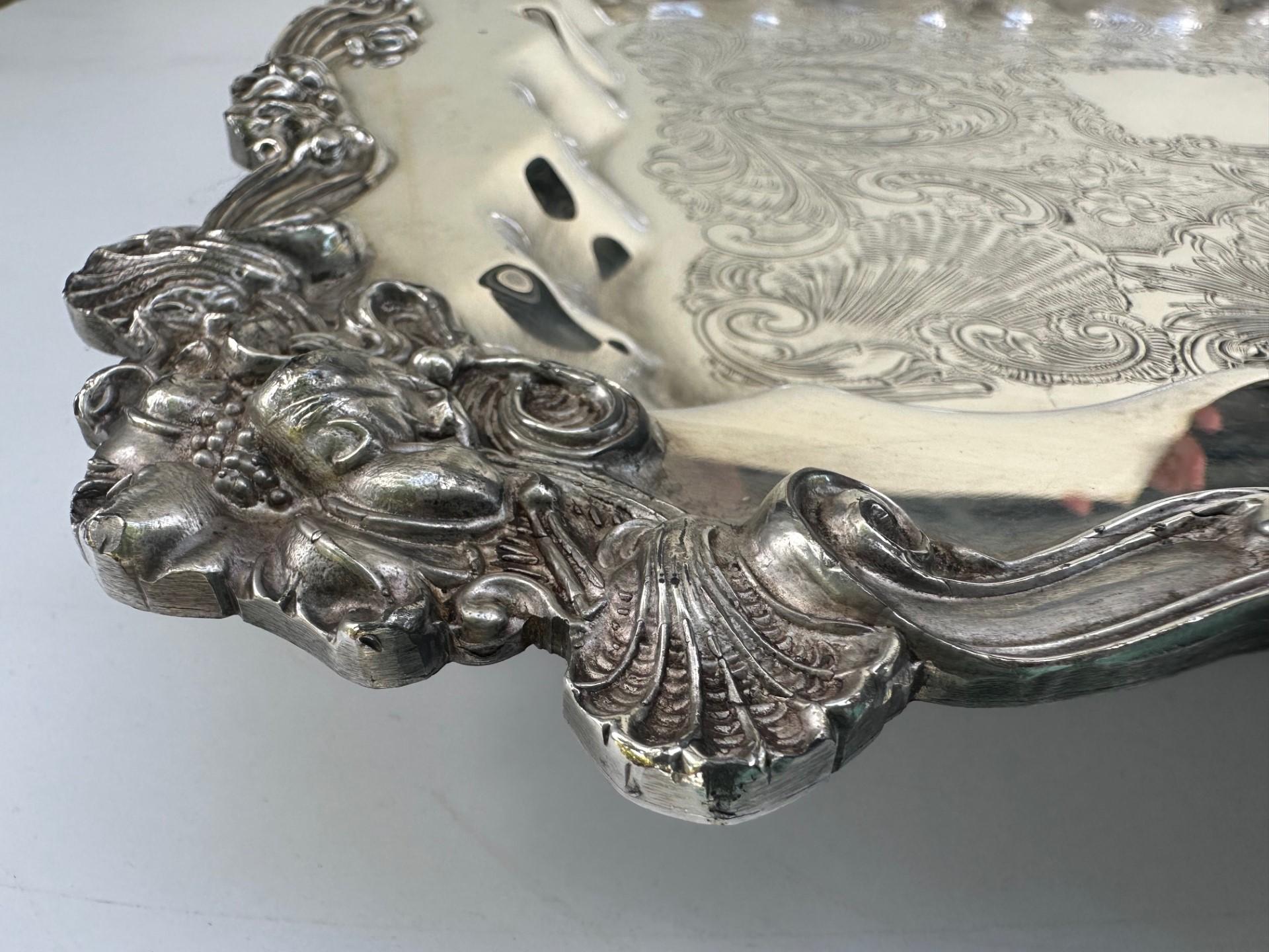 20th Century Ornate Square Footed Silver Plate Serving Tray. For Sale 4