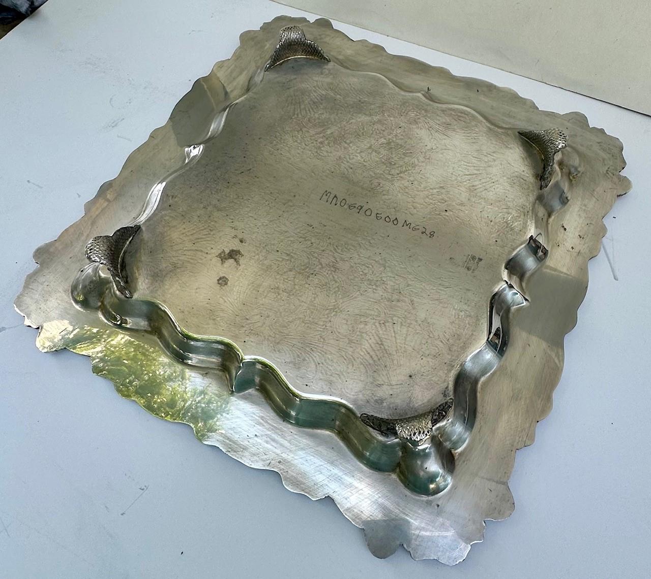 20th Century Ornate Square Footed Silver Plate Serving Tray. For Sale 7