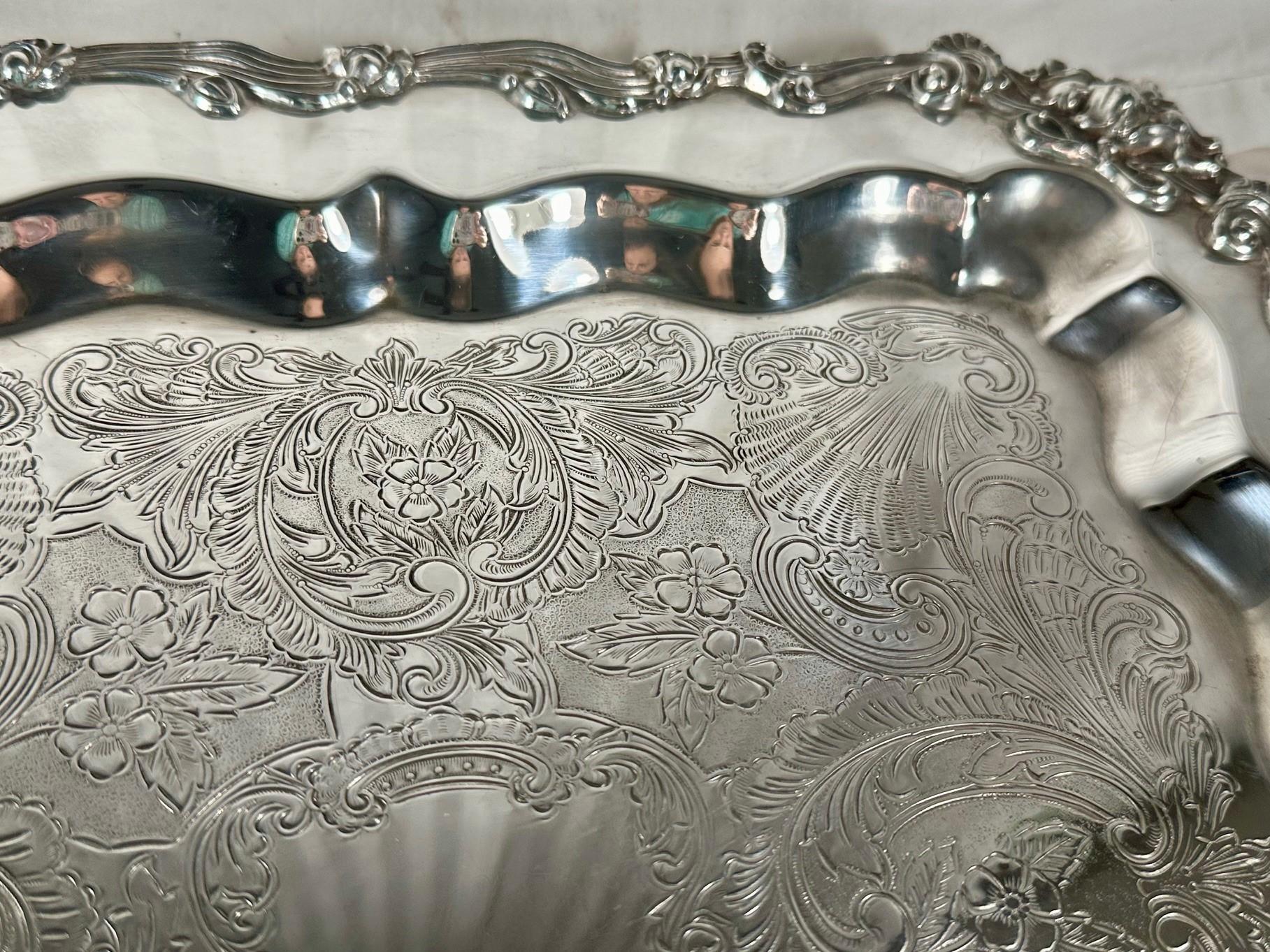 George III 20th Century Ornate Square Footed Silver Plate Serving Tray. For Sale